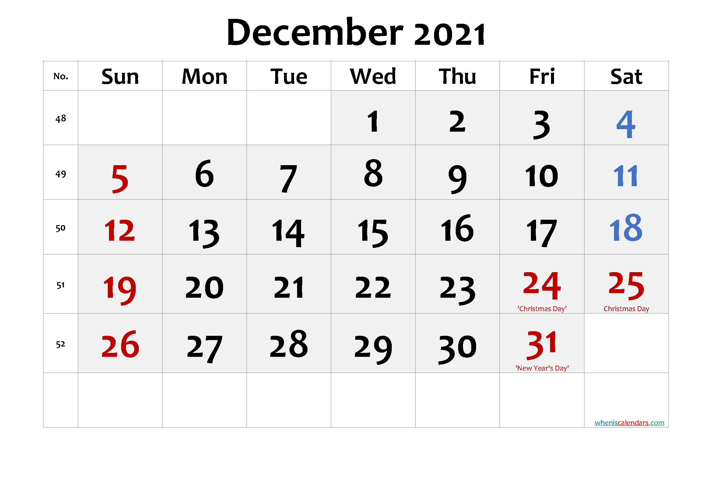 Free Printable DECEMBER 2021 Calendar with Holidays