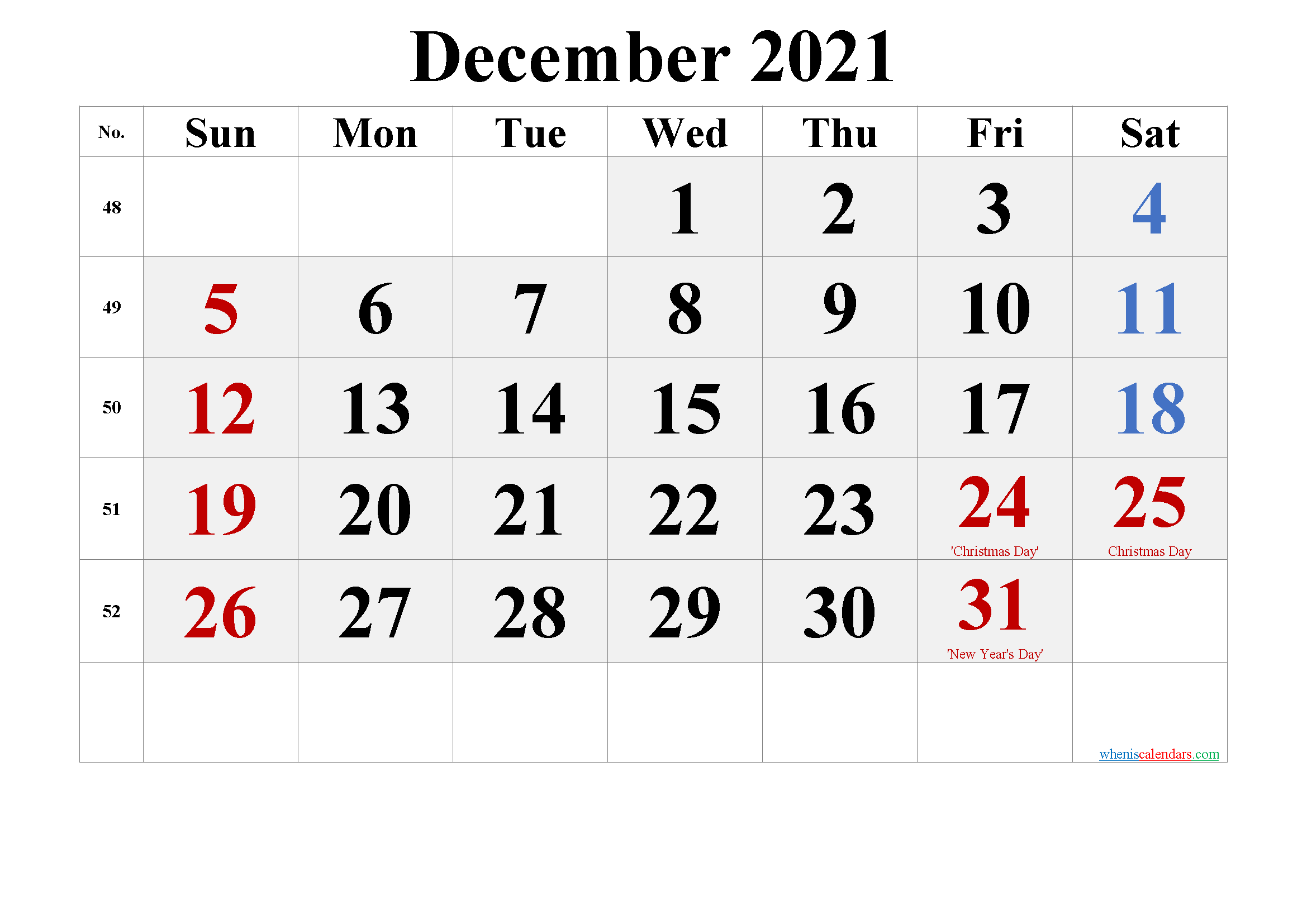 Printable December 2021 Calendar Word