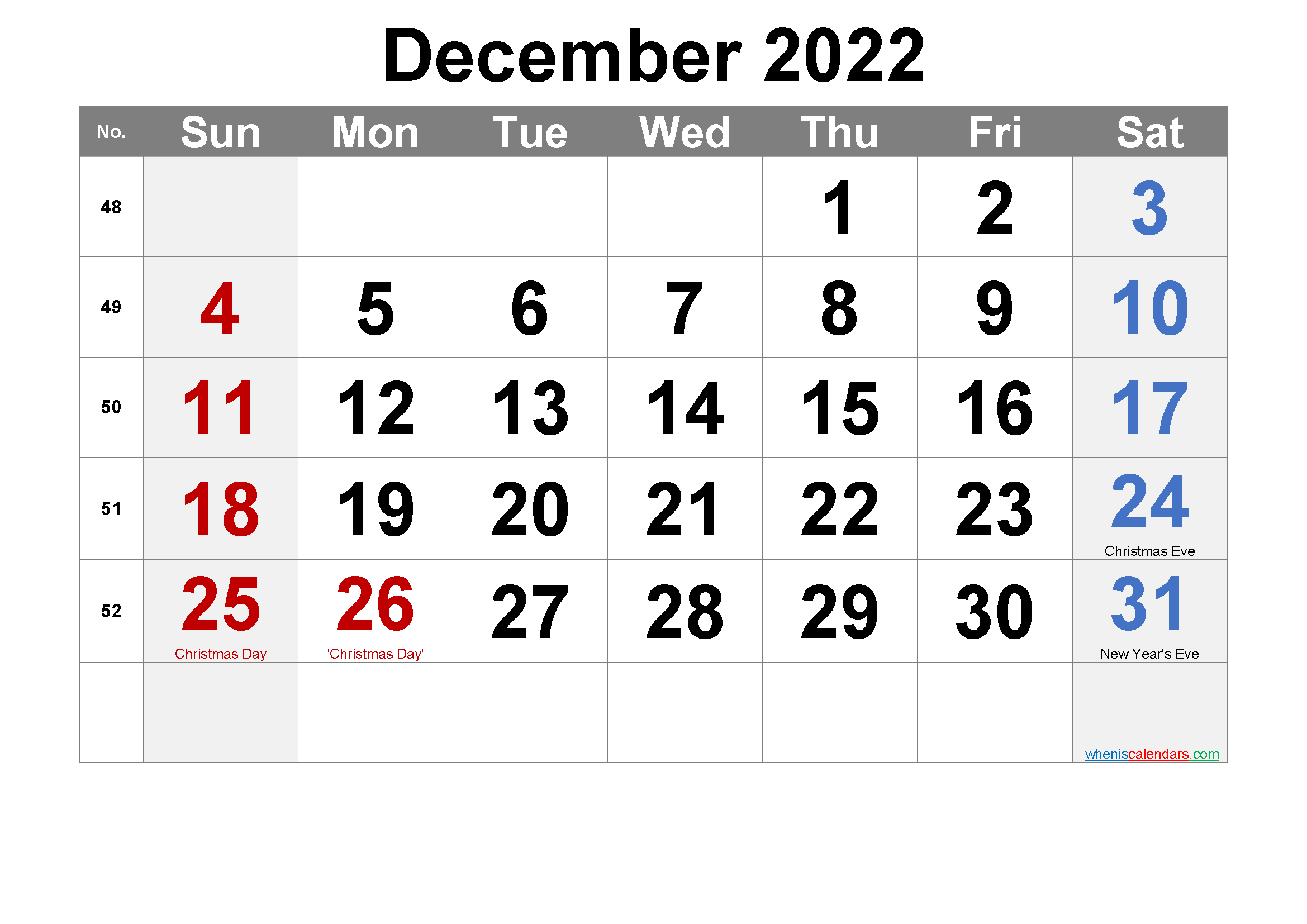 Free Printable December 2022 Calendar