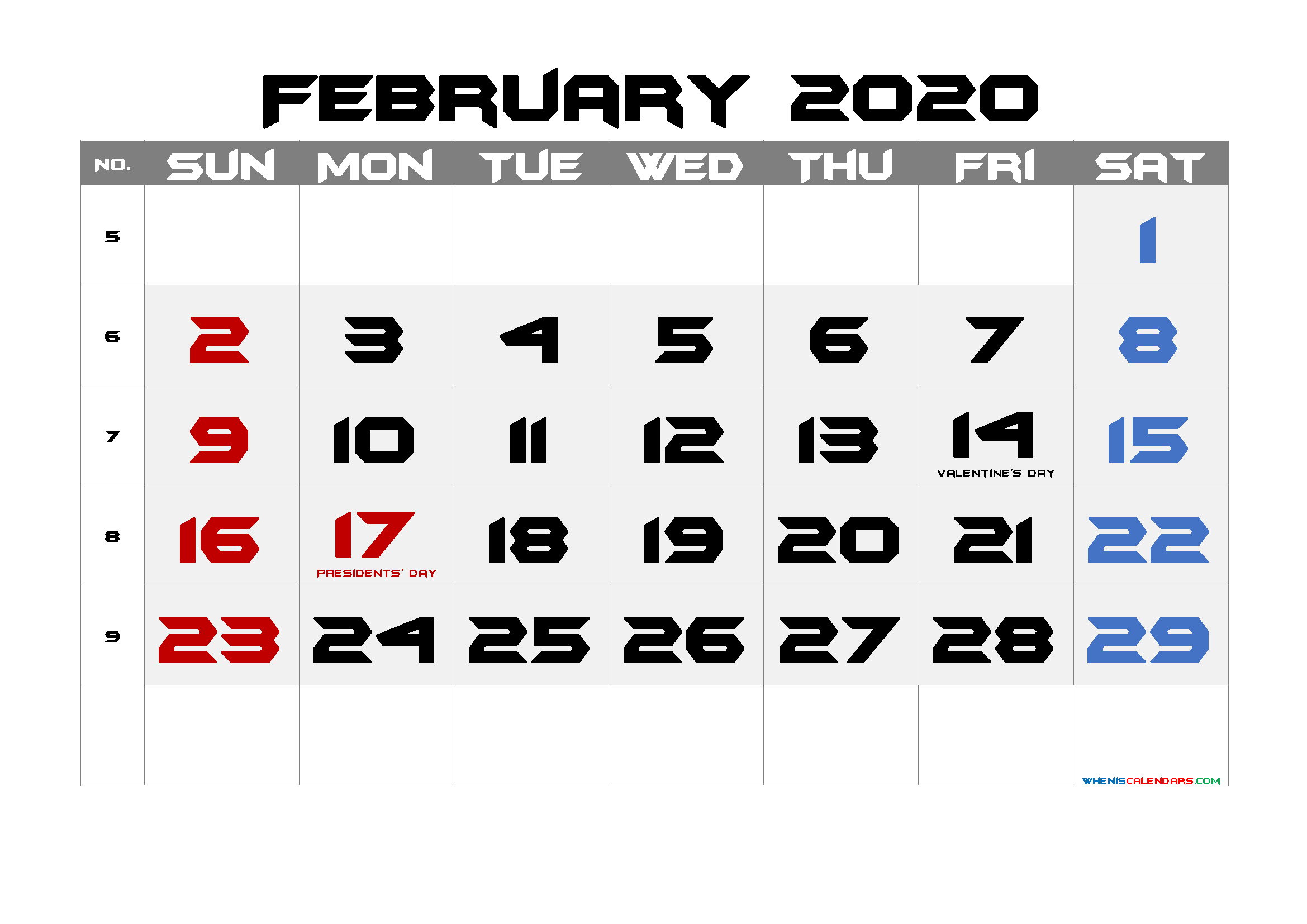 Printable FEBRUARY 2020 Calendar with Holidays
