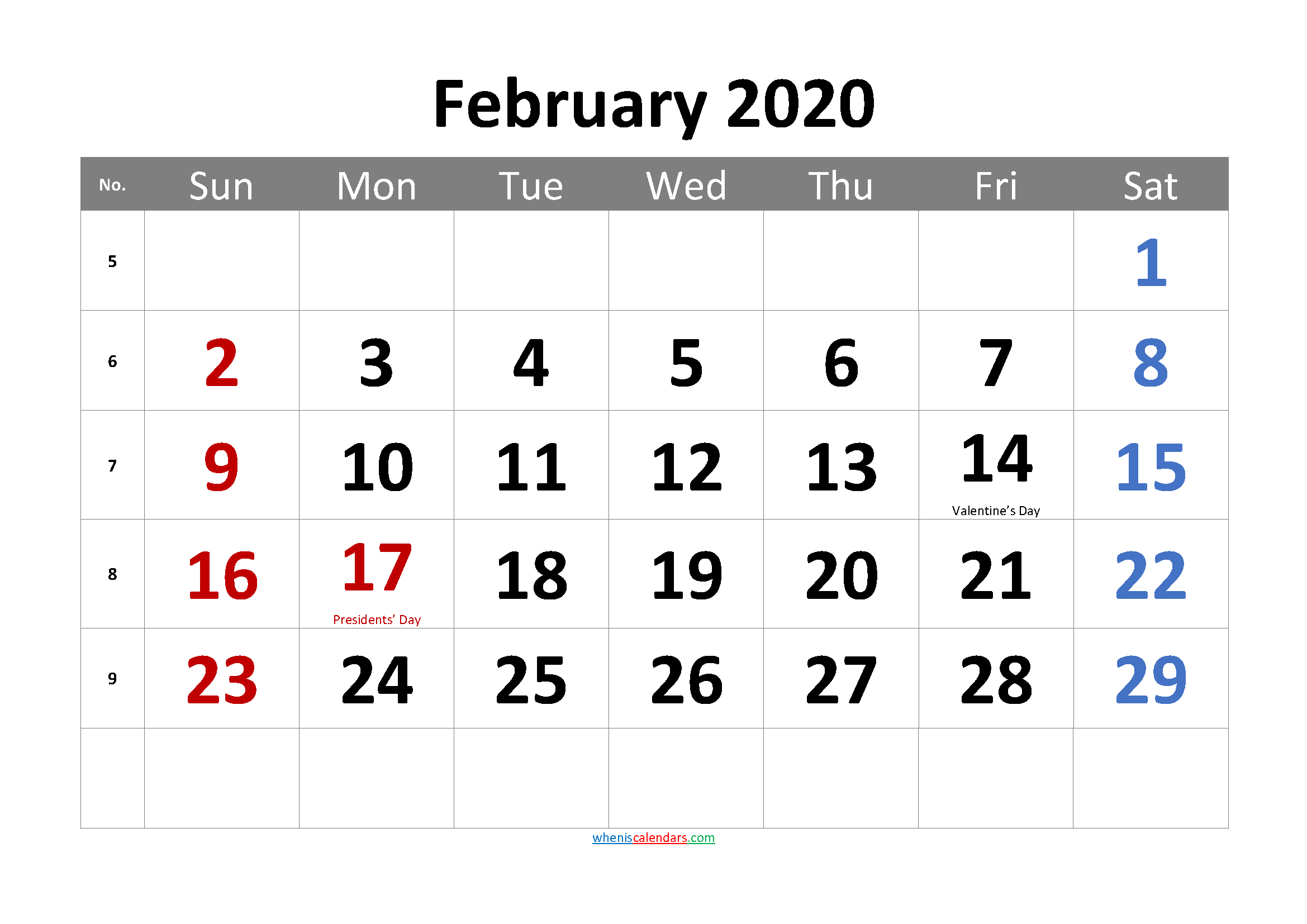 Free FEBRUARY 2020 Calendar Printable