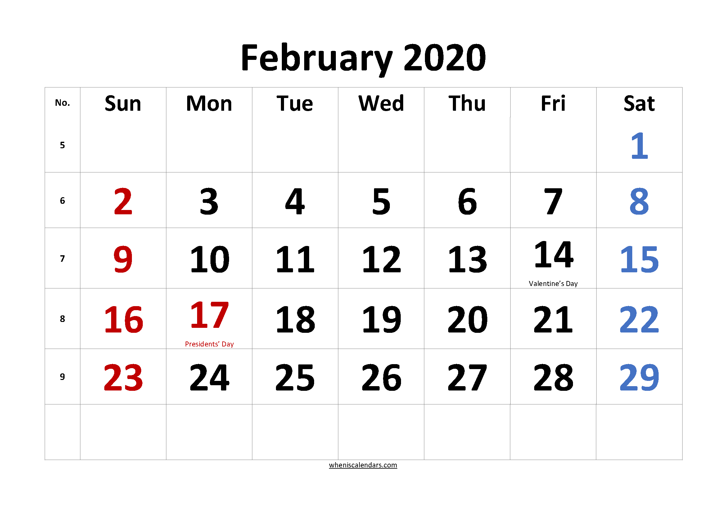 Free Printable Coloring Calendar 2020 February
