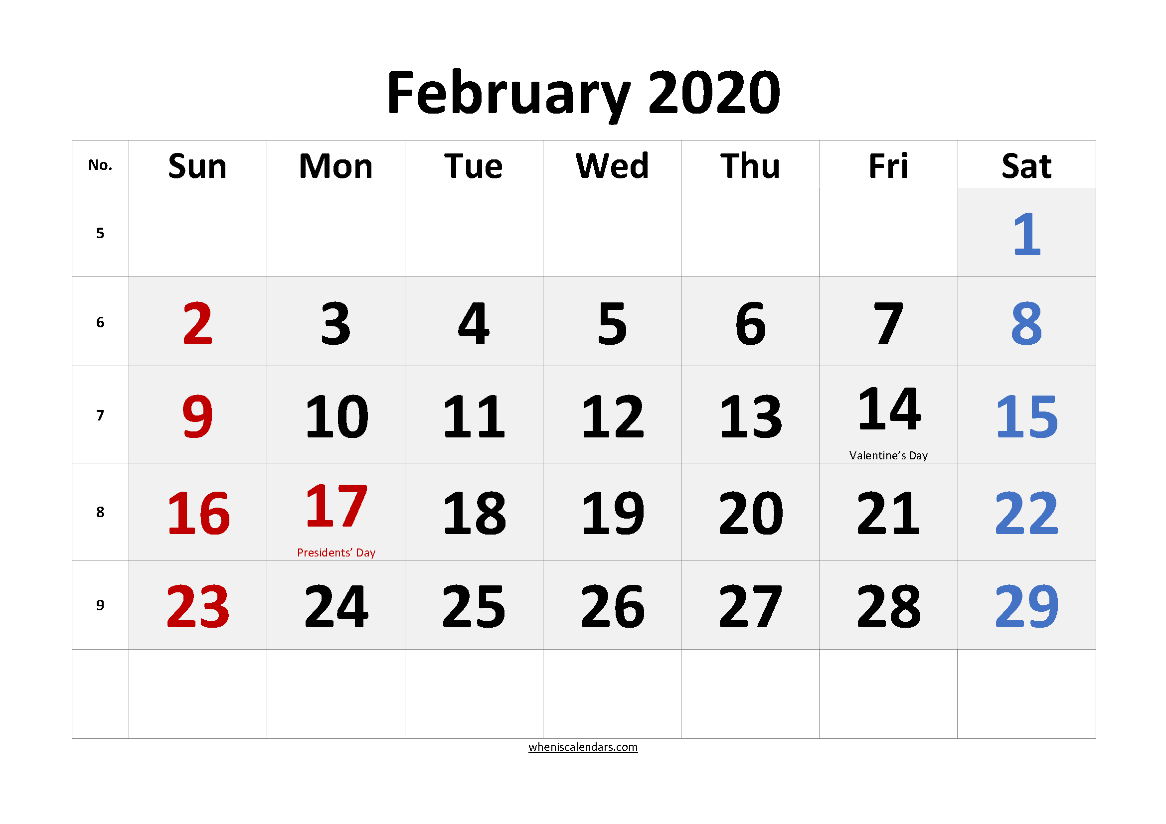 February 2020 Calendar with Holidays Printable