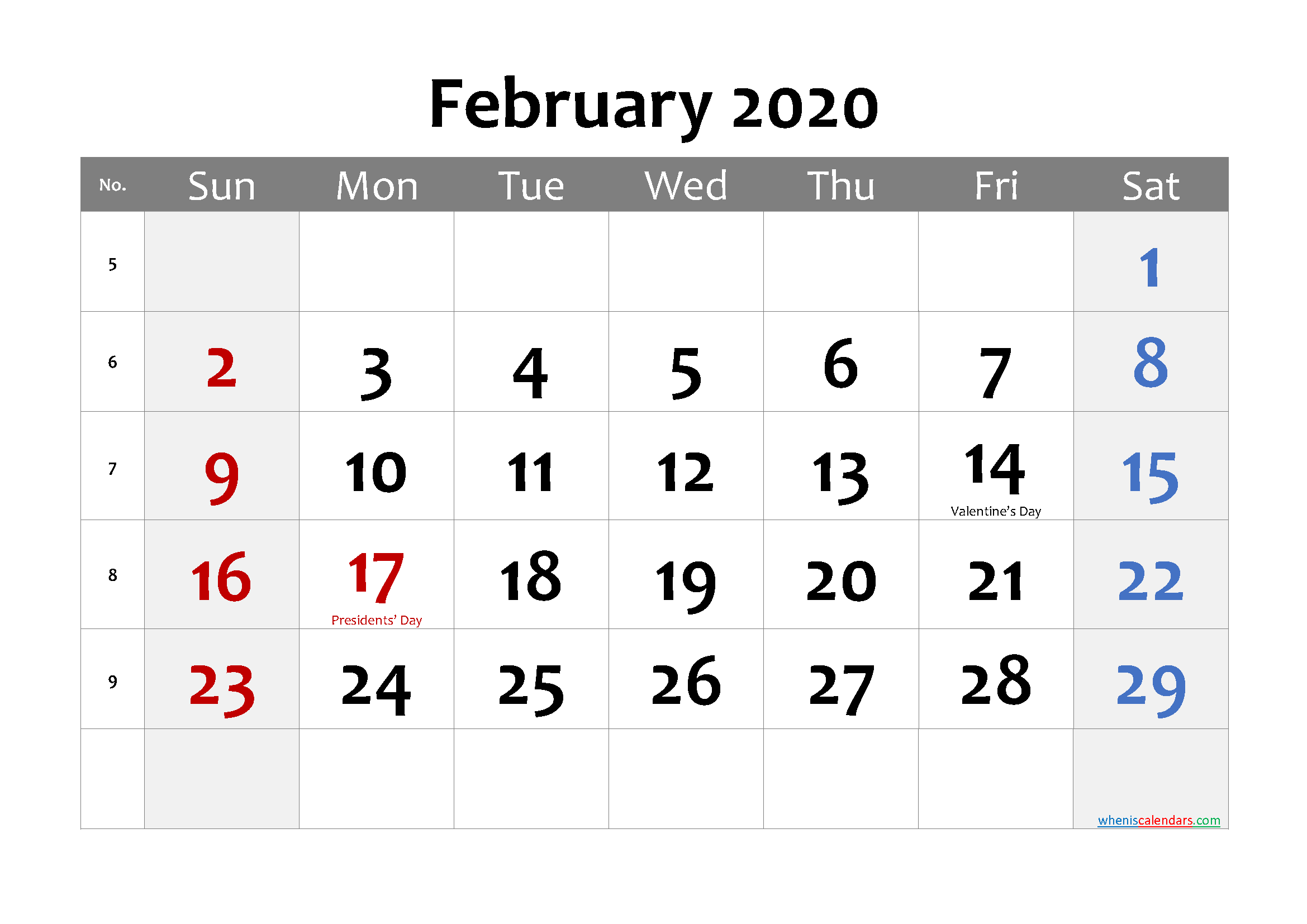 Printable FEBRUARY 2020 Calendar with Holidays