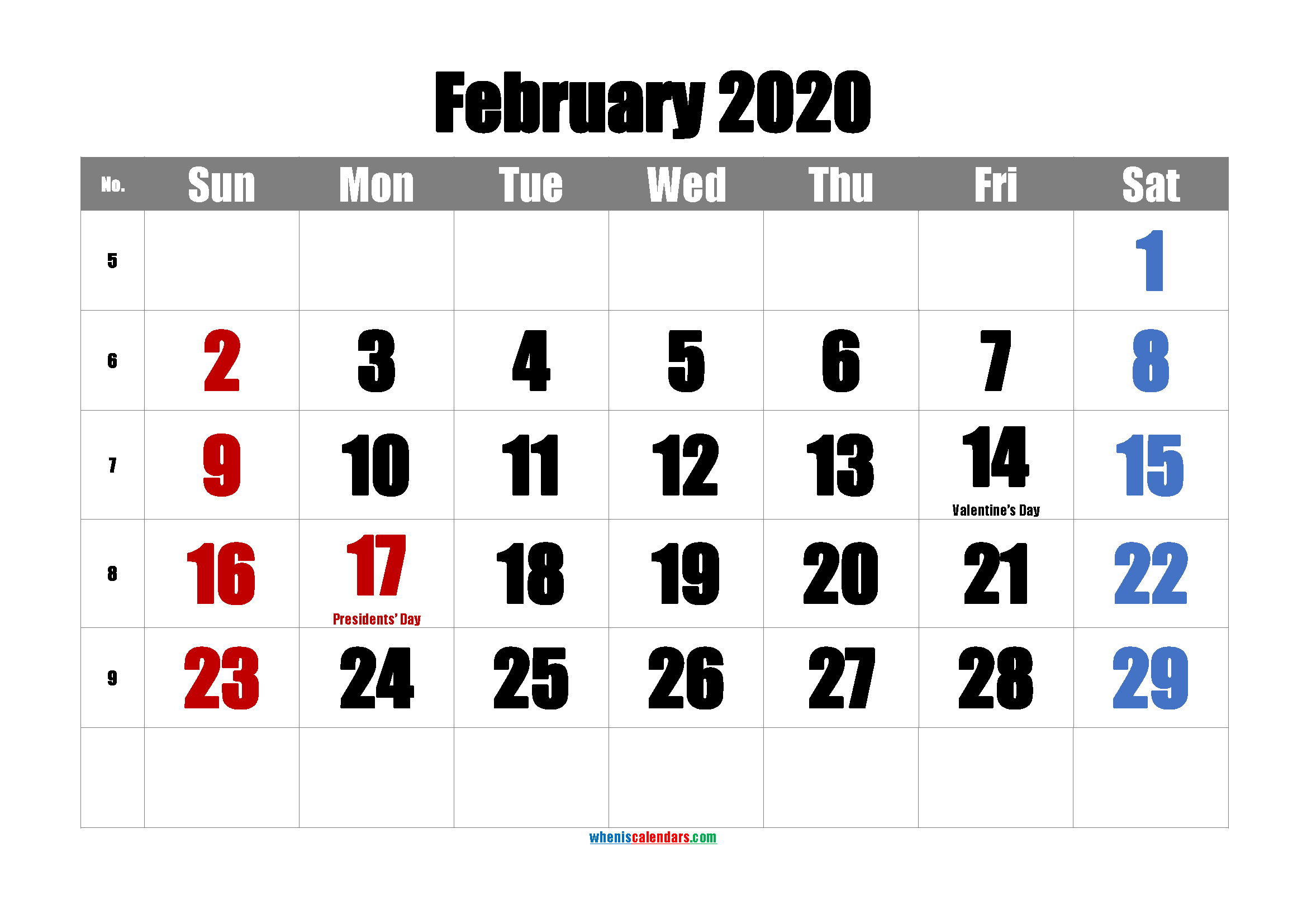 Free FEBRUARY 2020 Calendar Printable