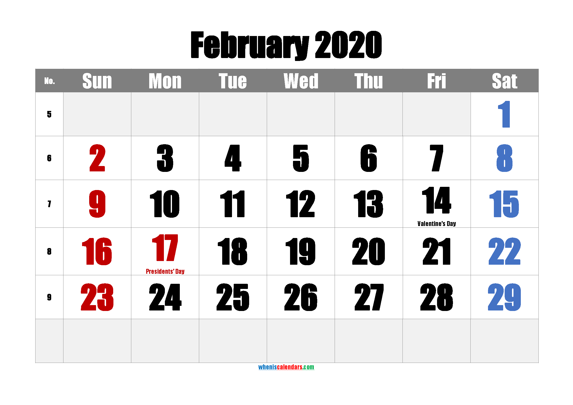 Free Printable FEBRUARY 2020 Calendar with Holidays