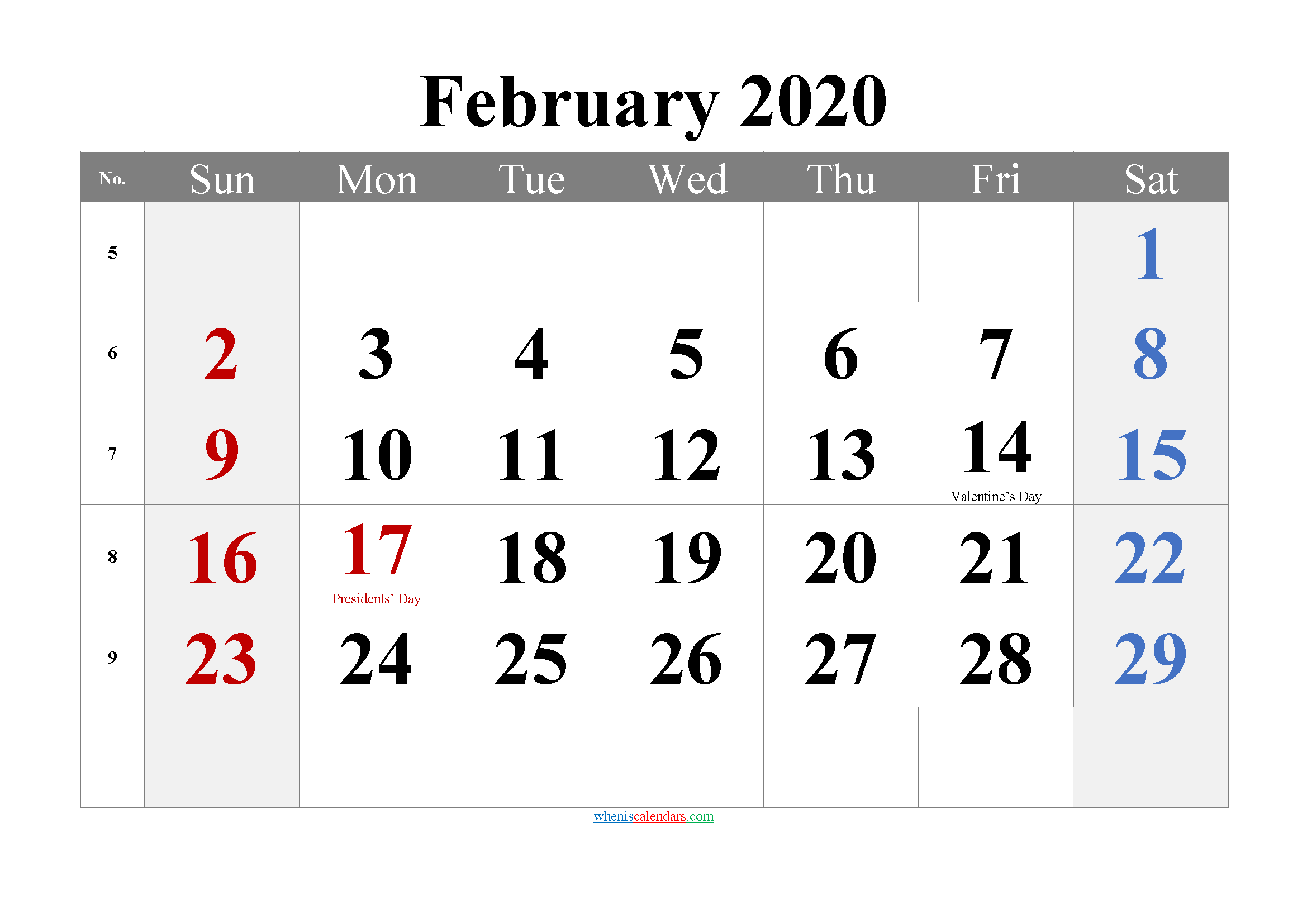 FEBRUARY 2020 Printable Calendar with Holidays