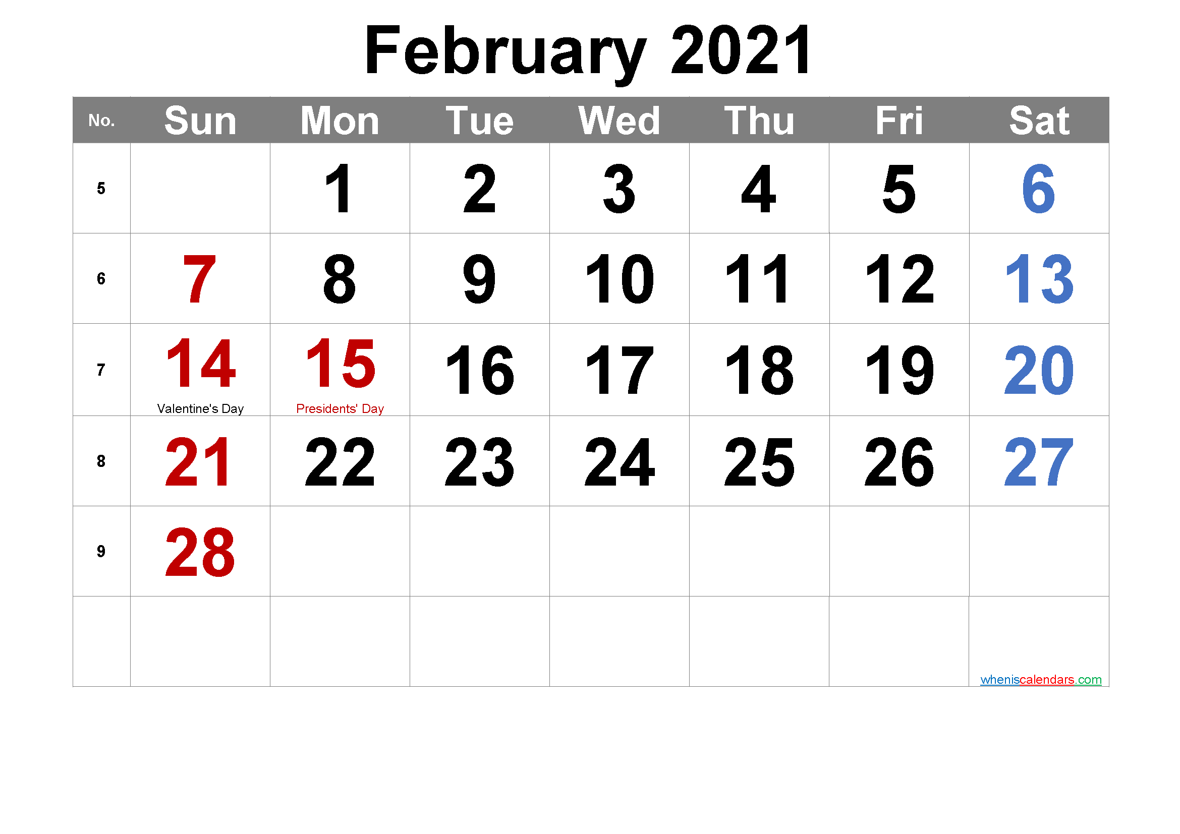 Printable FEBRUARY 2021 Calendar with Holidays