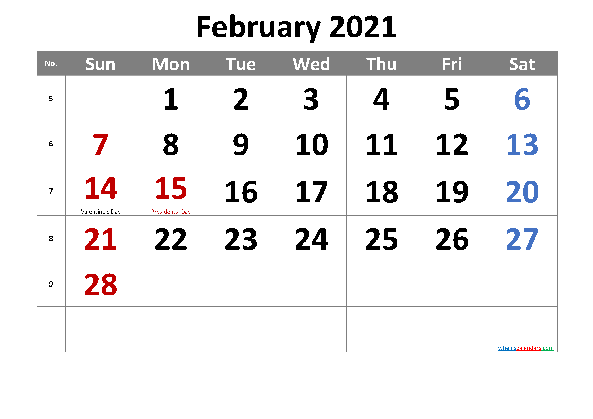Free February 2021 Calendar Printable