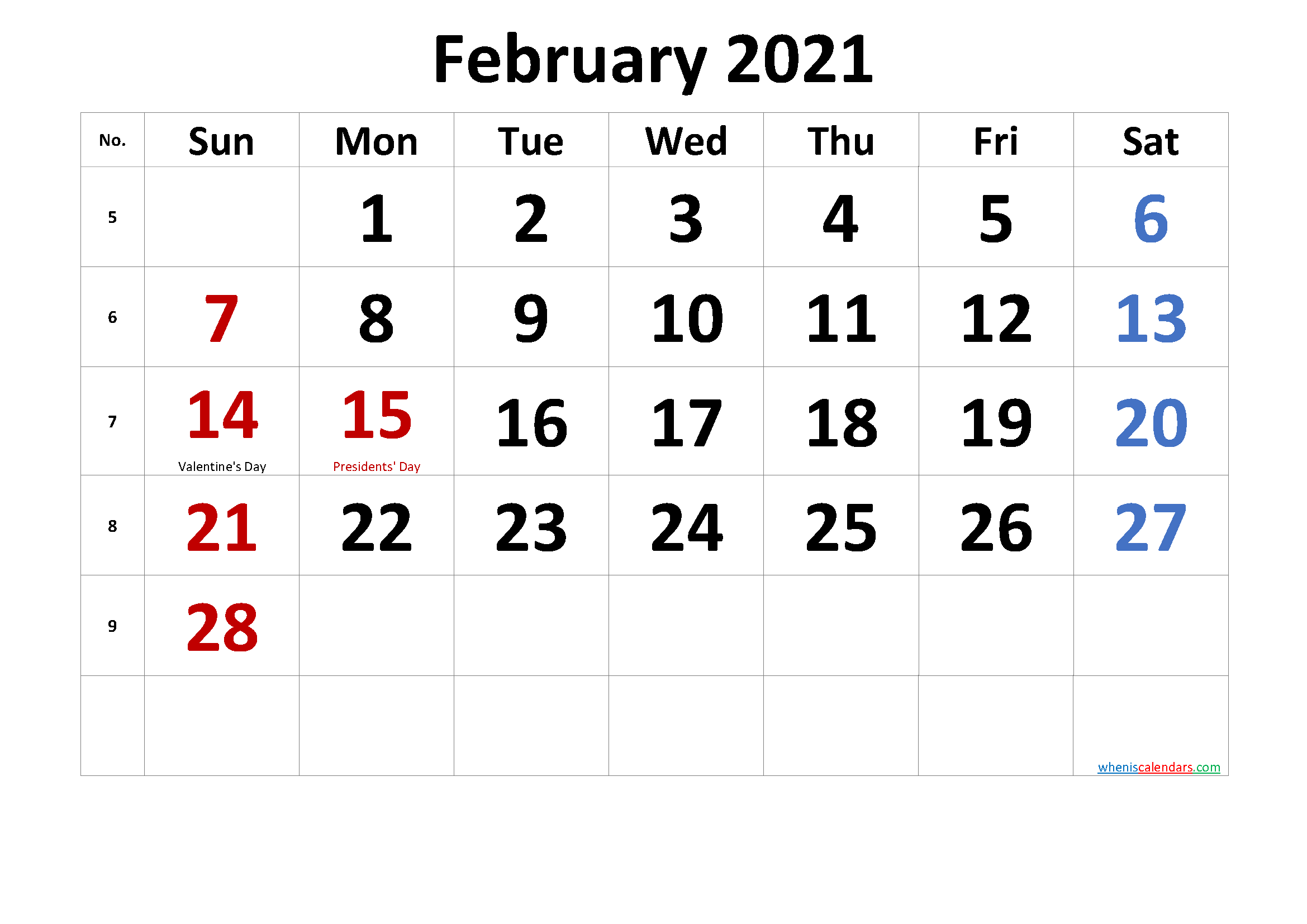 Free Printable Coloring Calendar 2021 February