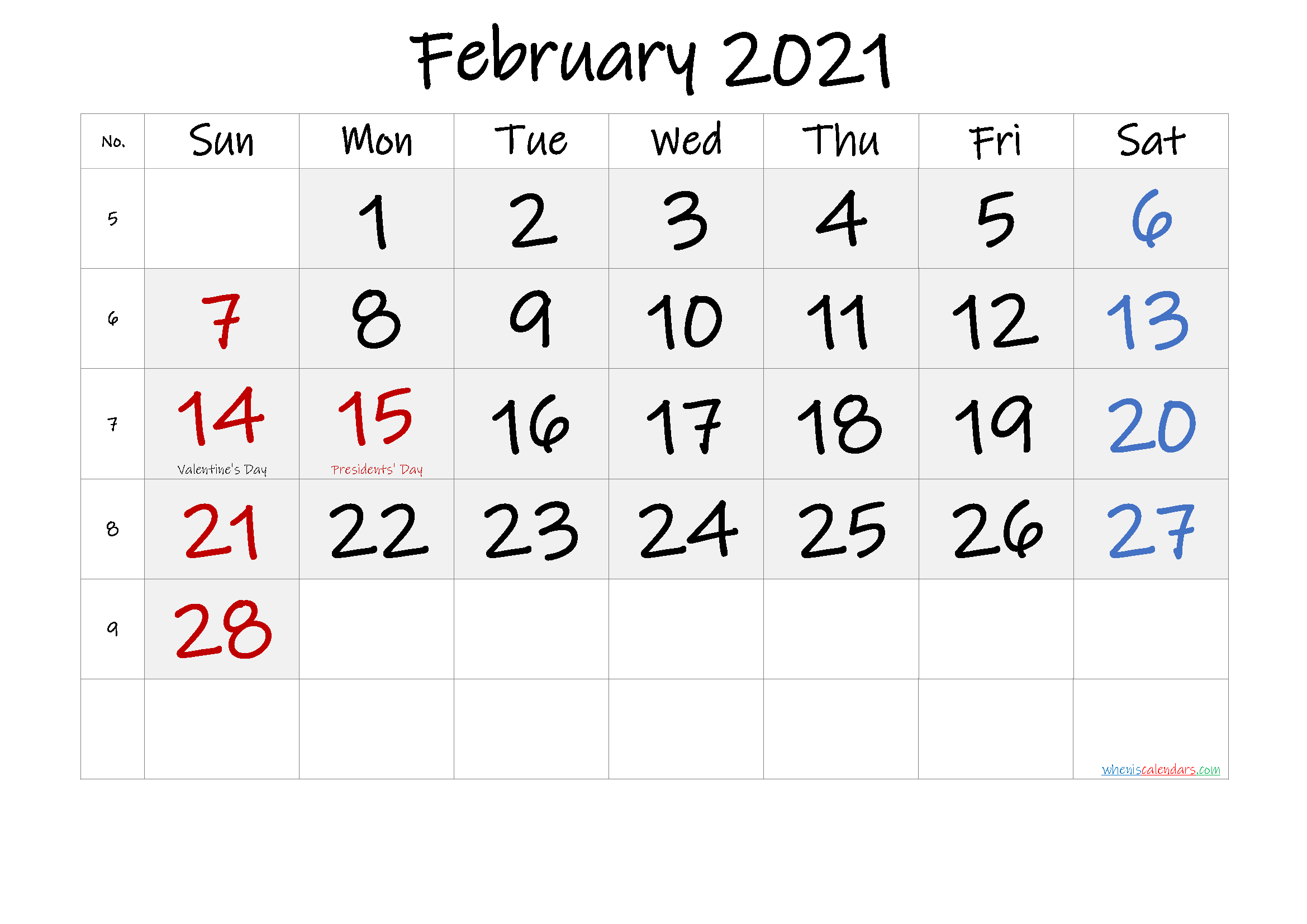 Free Printable FEBRUARY 2021 Calendar with Holidays