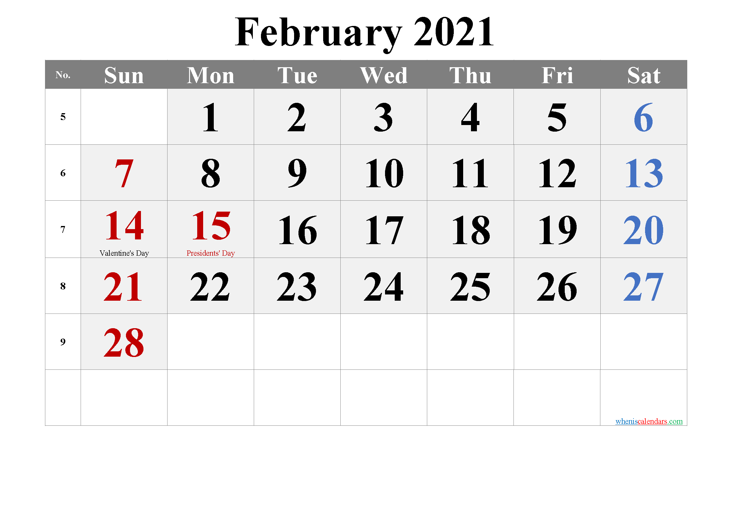 FEBRUARY 2021 Printable Calendar with Holidays
