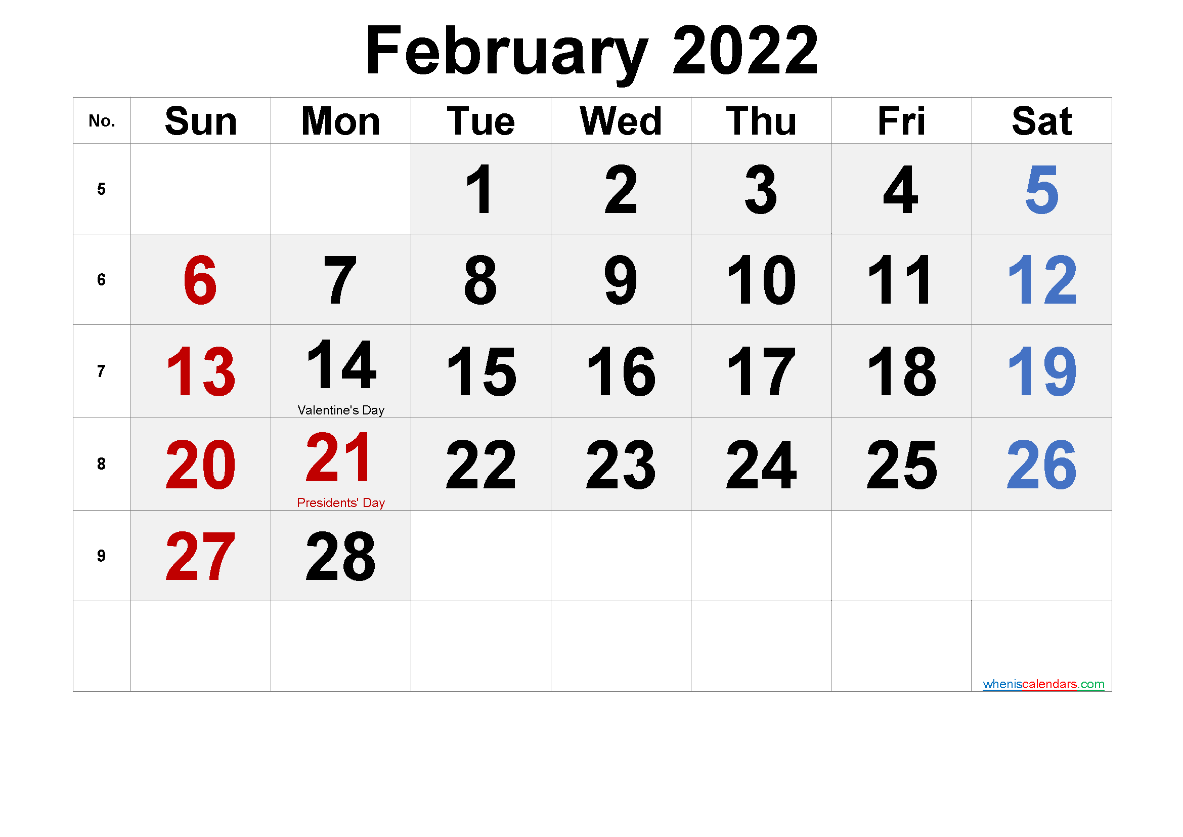 Printable February 2022 Calendar with Holidays