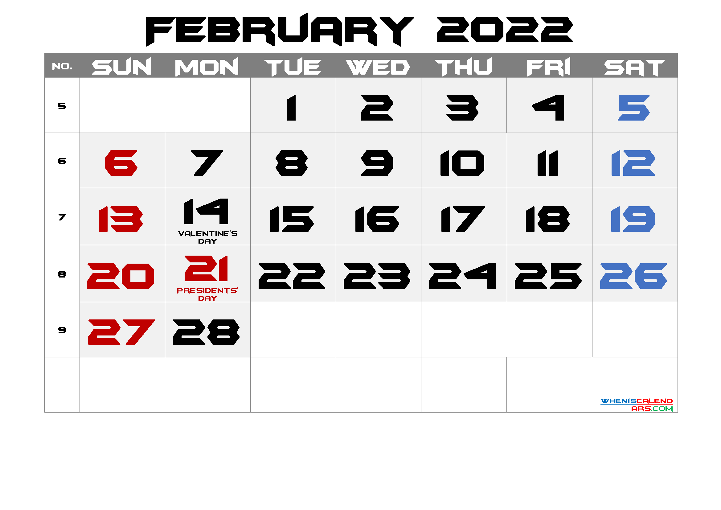 February 2022 Free Printable Calendar with Holidays