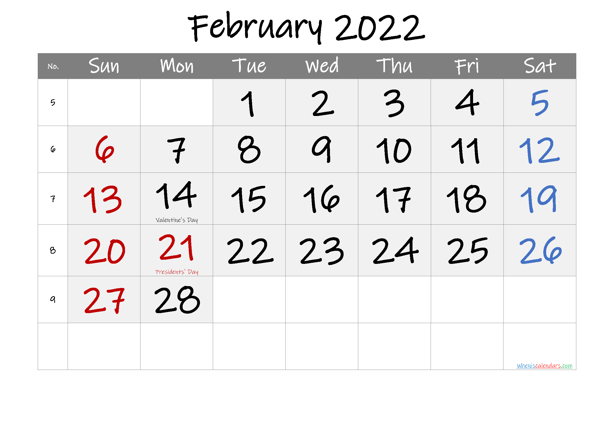 Free Printable Coloring Calendar 2022 February