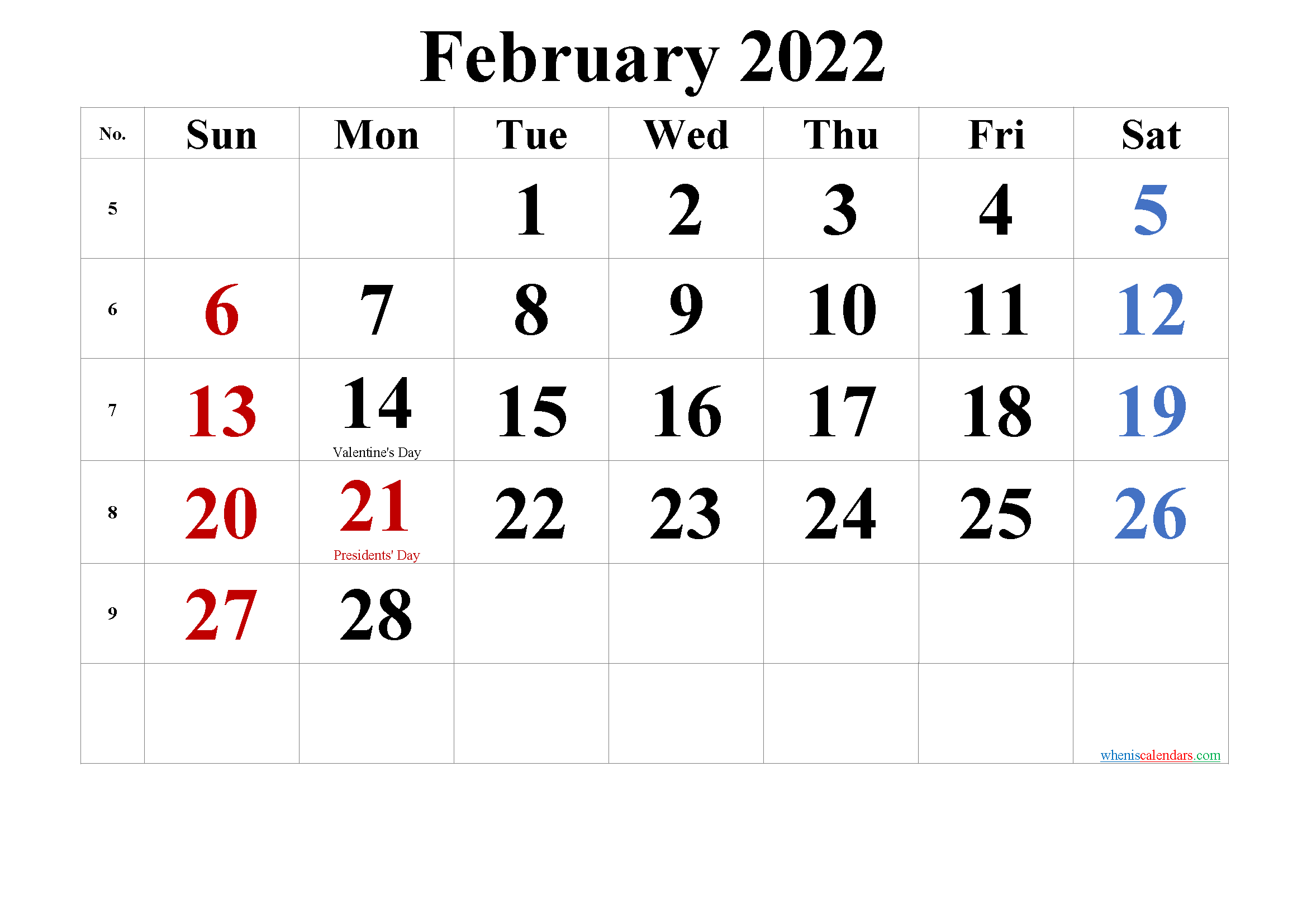 Free Printable February 2022 Calendar