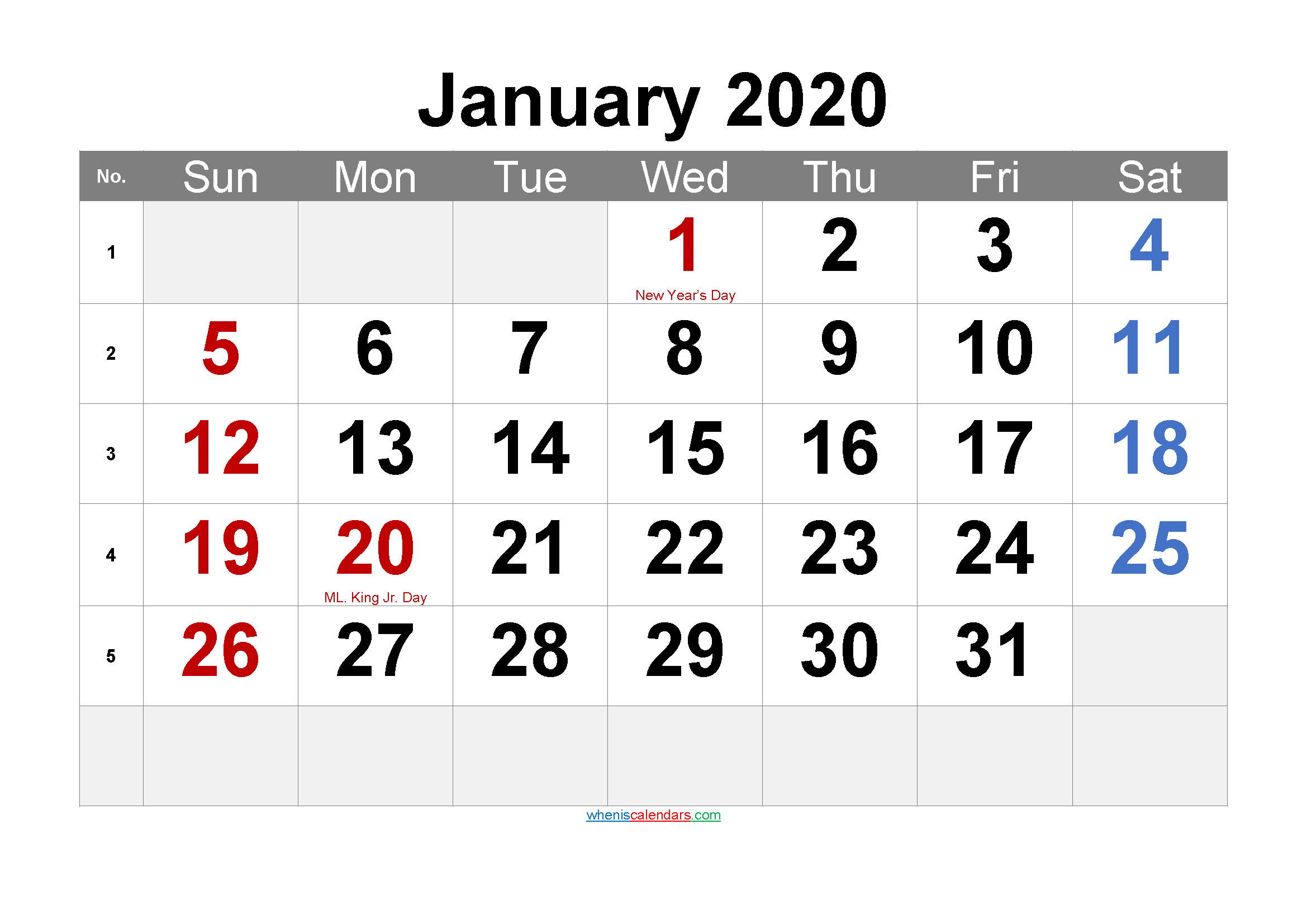 Printable January 2020 Calendar with Holidays