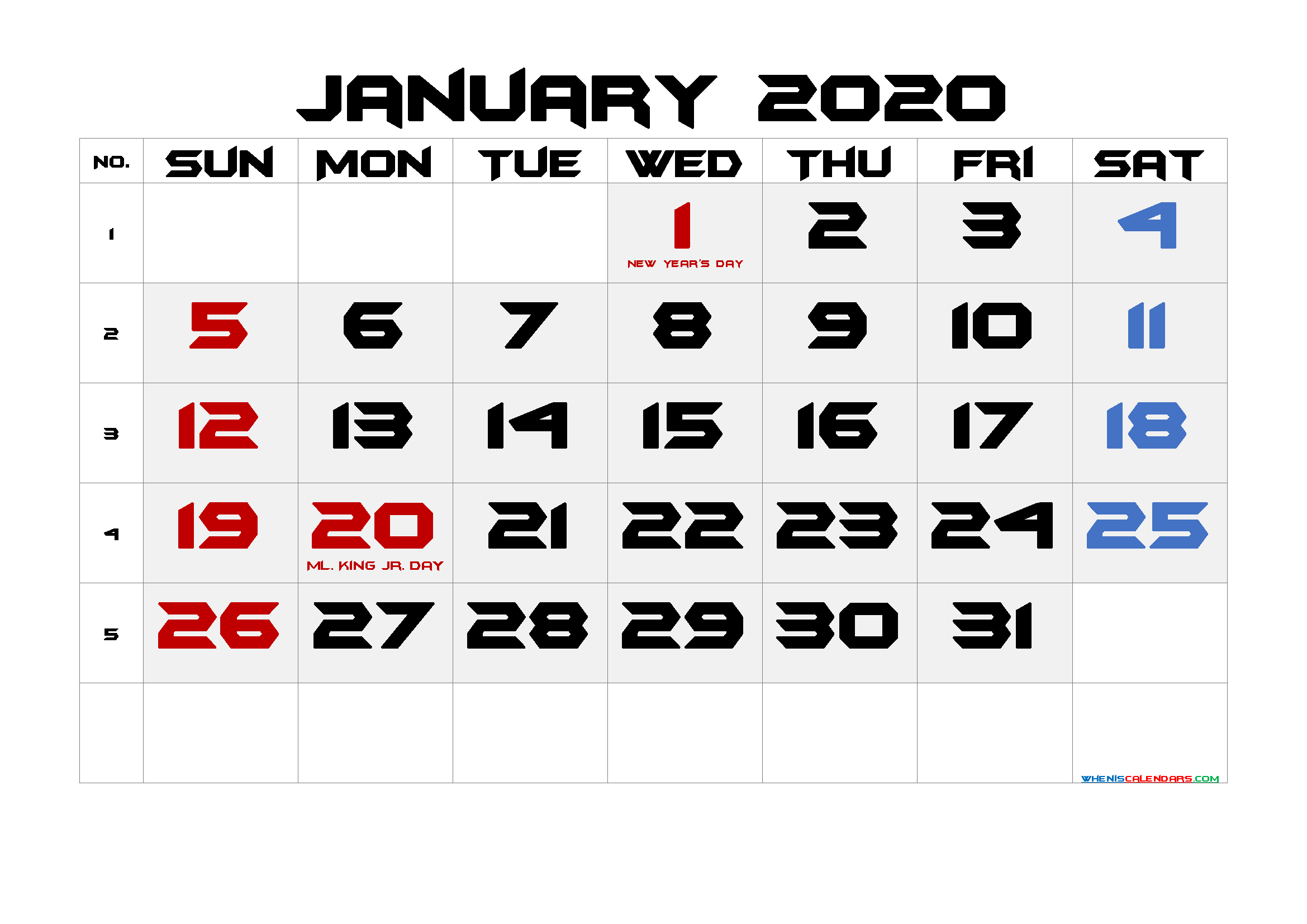 Free January 2020 Printable Calendar with Holidays