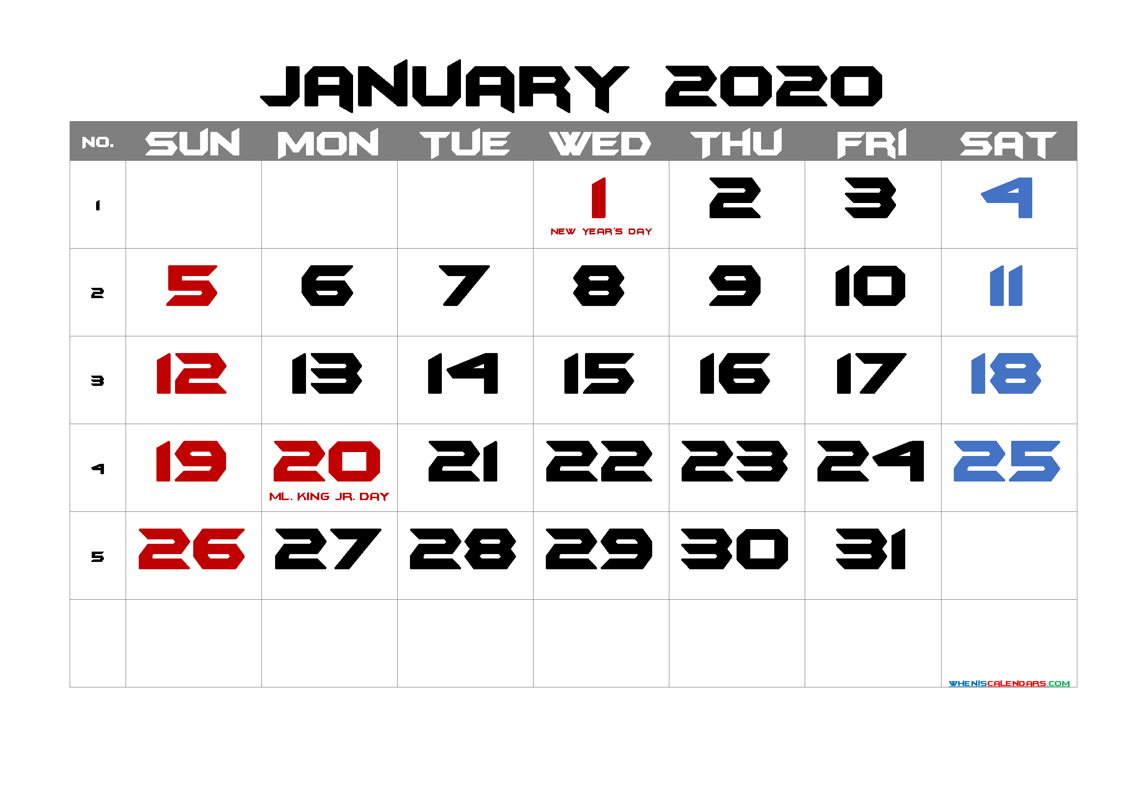 Printable JANUARY 2020 Calendar with Holidays