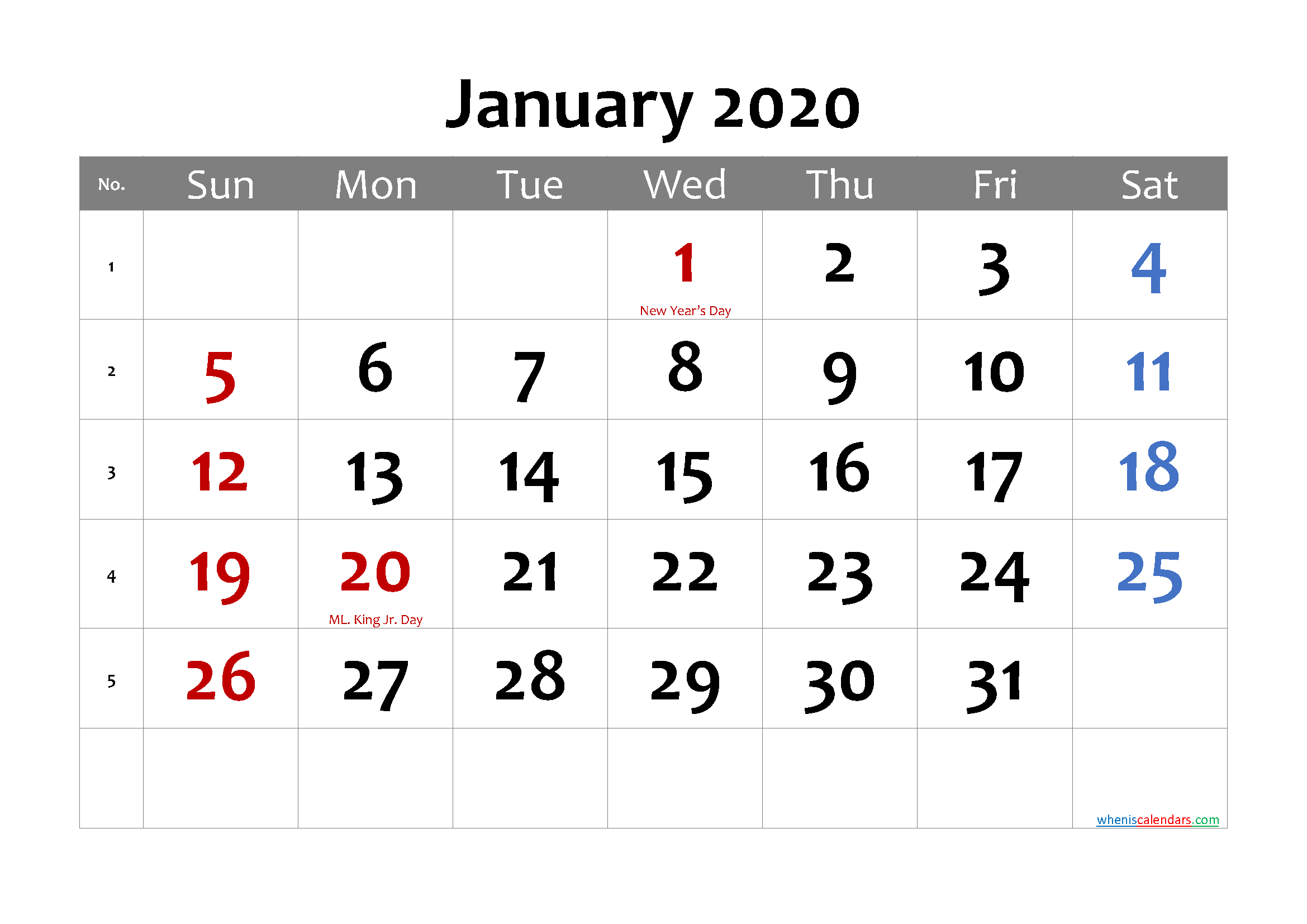 Printable January 2020 Calendar Word