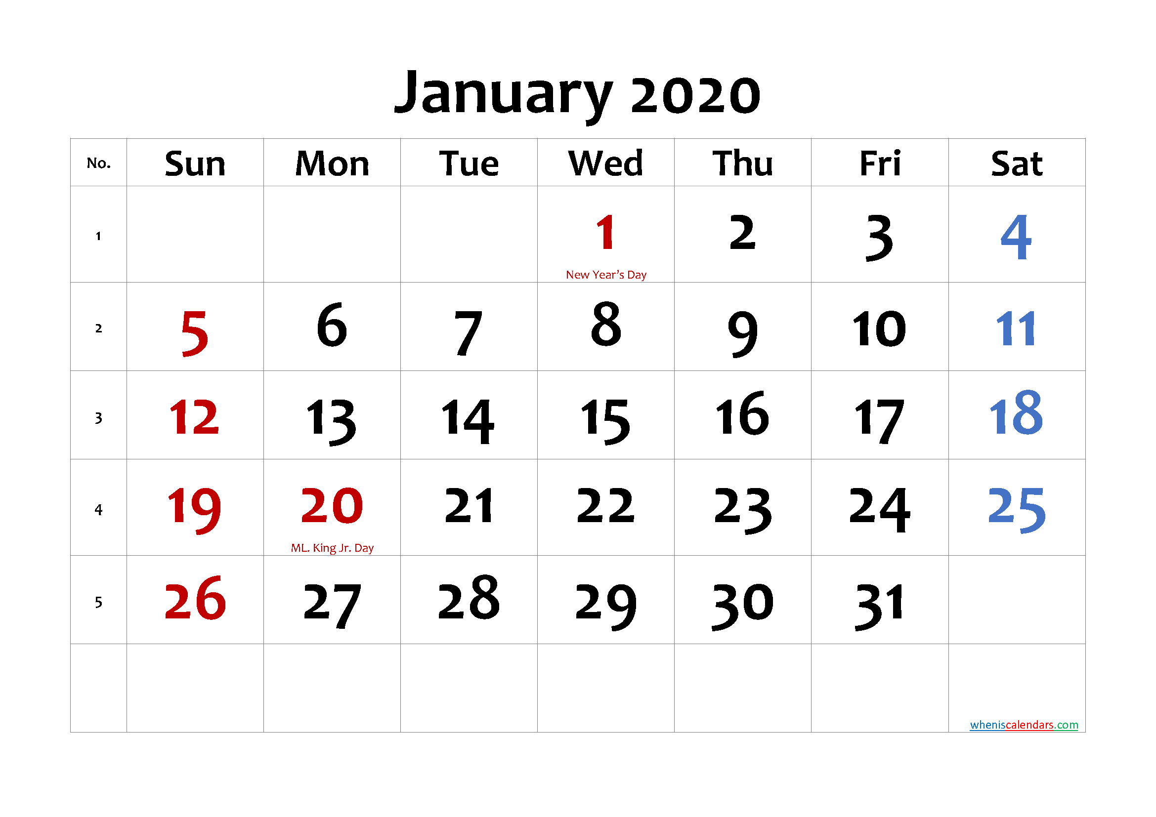 January 2020 Printable Calendar With Holidays