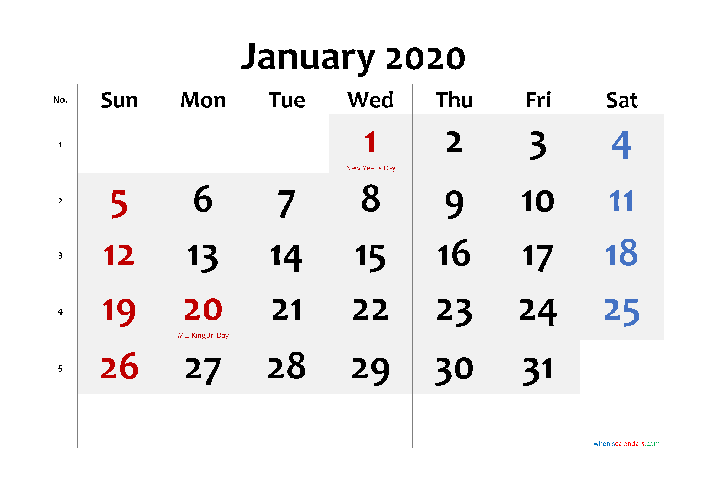 Free Printable JANUARY 2020 Calendar with Holidays