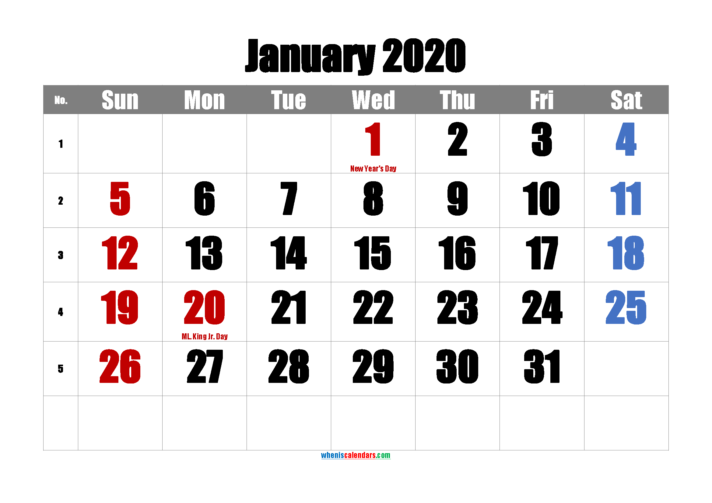 Printable January 2020 Calendar PDF