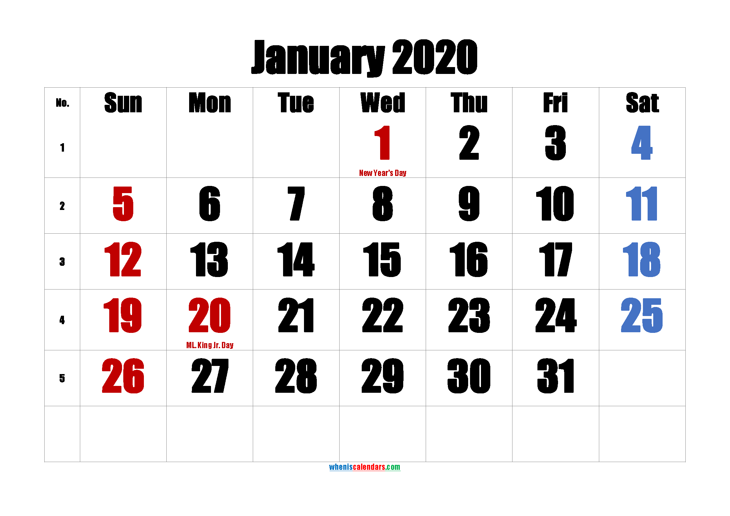 Printable JANUARY 2020 Calendar with Holidays