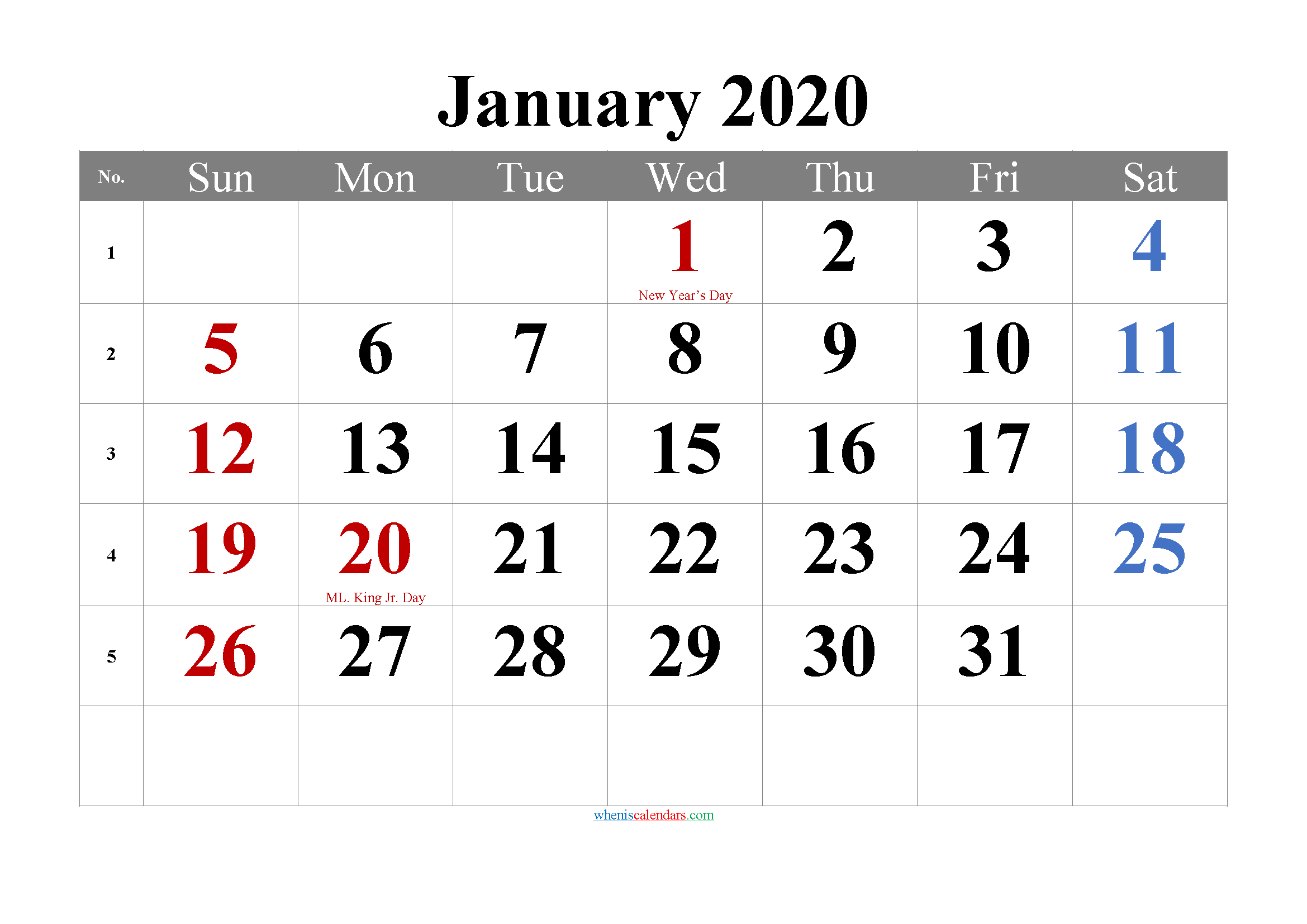 Free JANUARY 2020 Calendar Printable