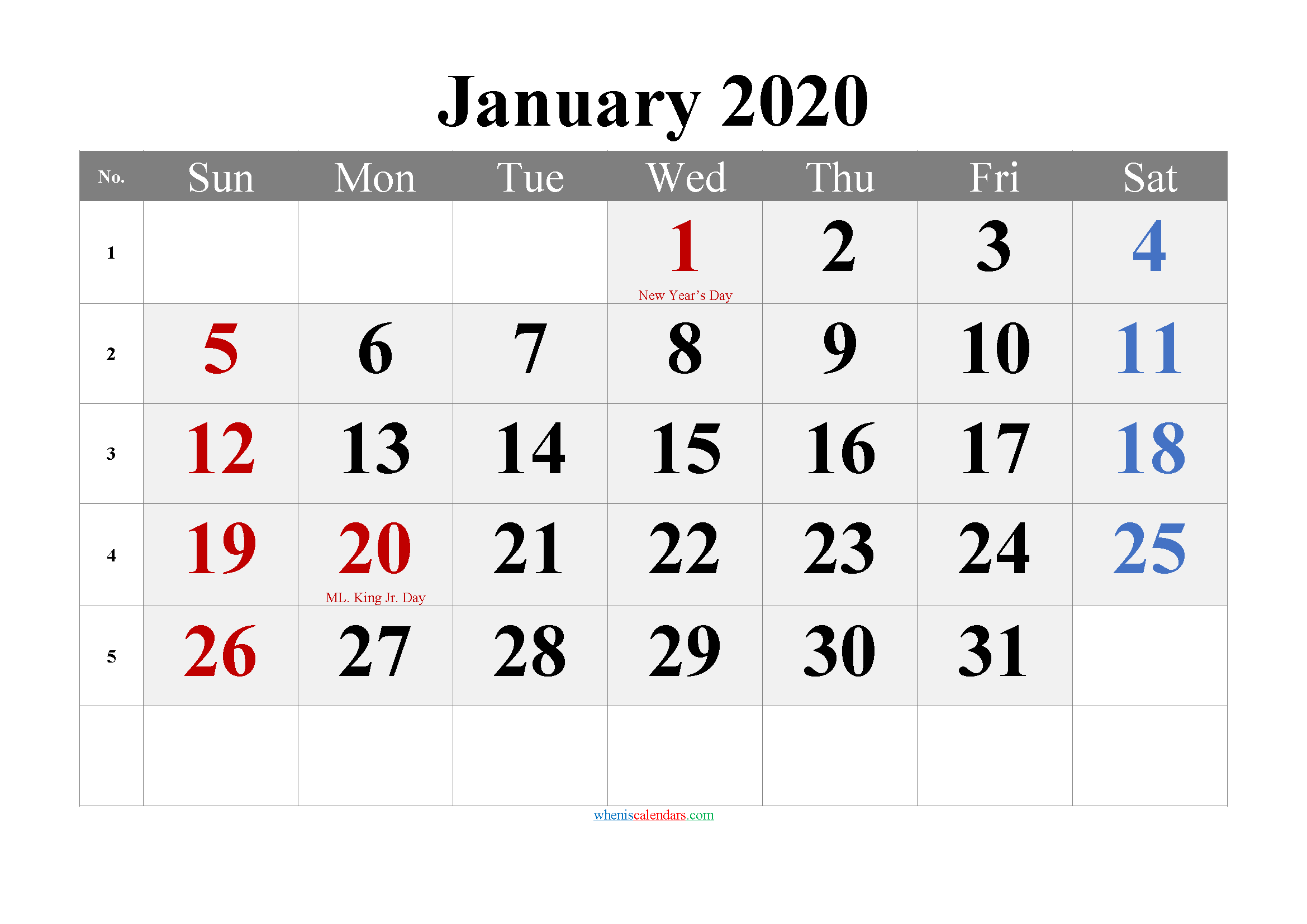 JANUARY 2020 Printable Calendar with Holidays