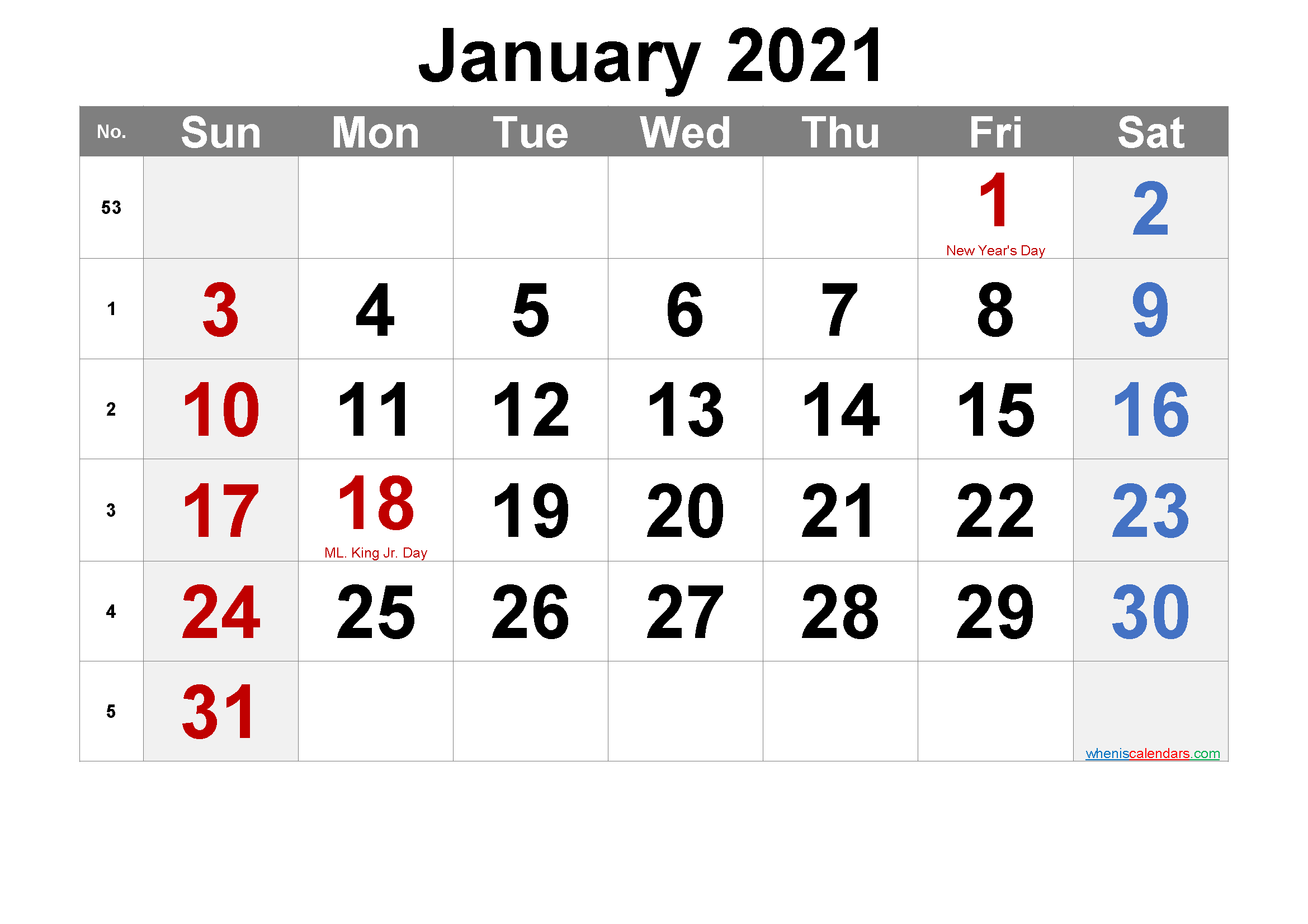 Free JANUARY 2021 Calendar Printable