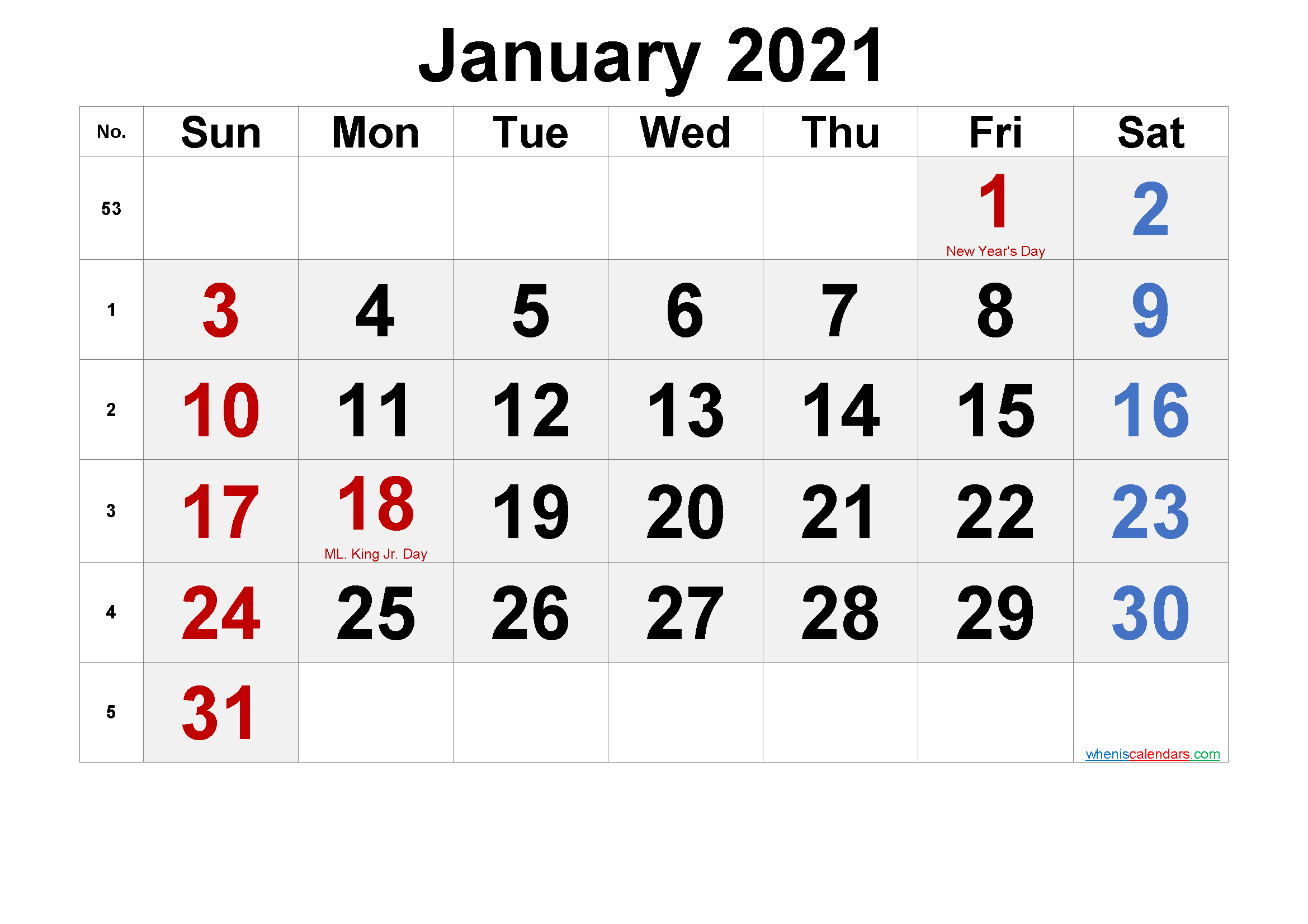 Printable JANUARY 2021 Calendar with Holidays