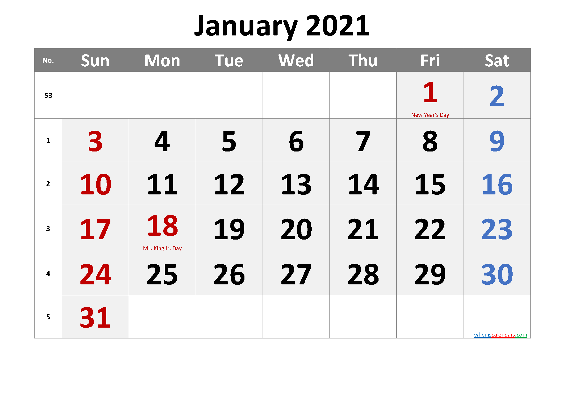 JANUARY 2021 Printable Calendar with Holidays
