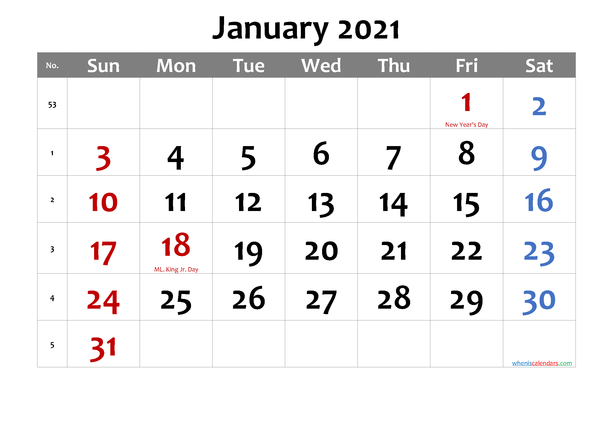 Free Printable JANUARY 2021 Calendar with Holidays