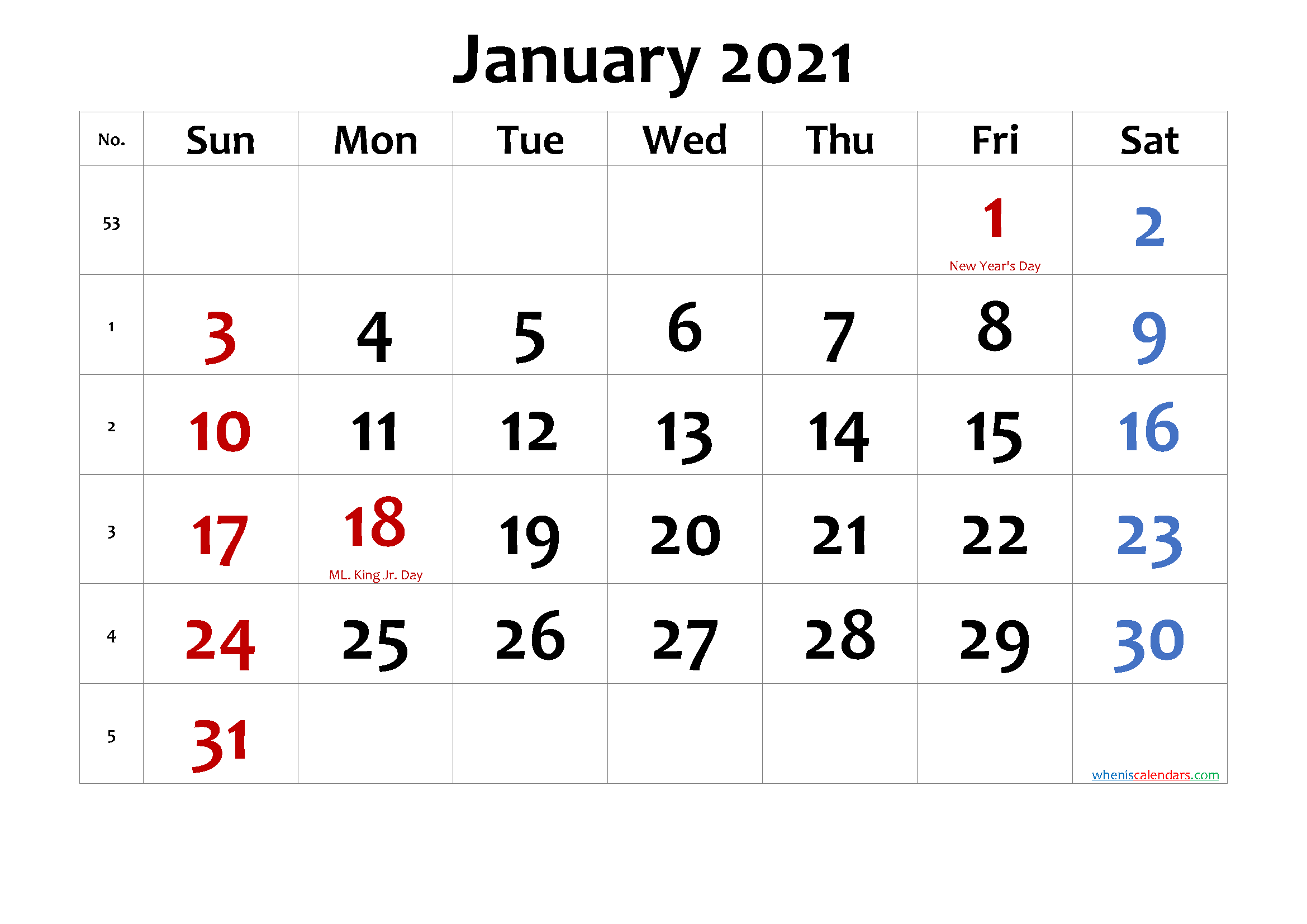 January 2021 Printable Calendar With Holidays 6 Templates Free