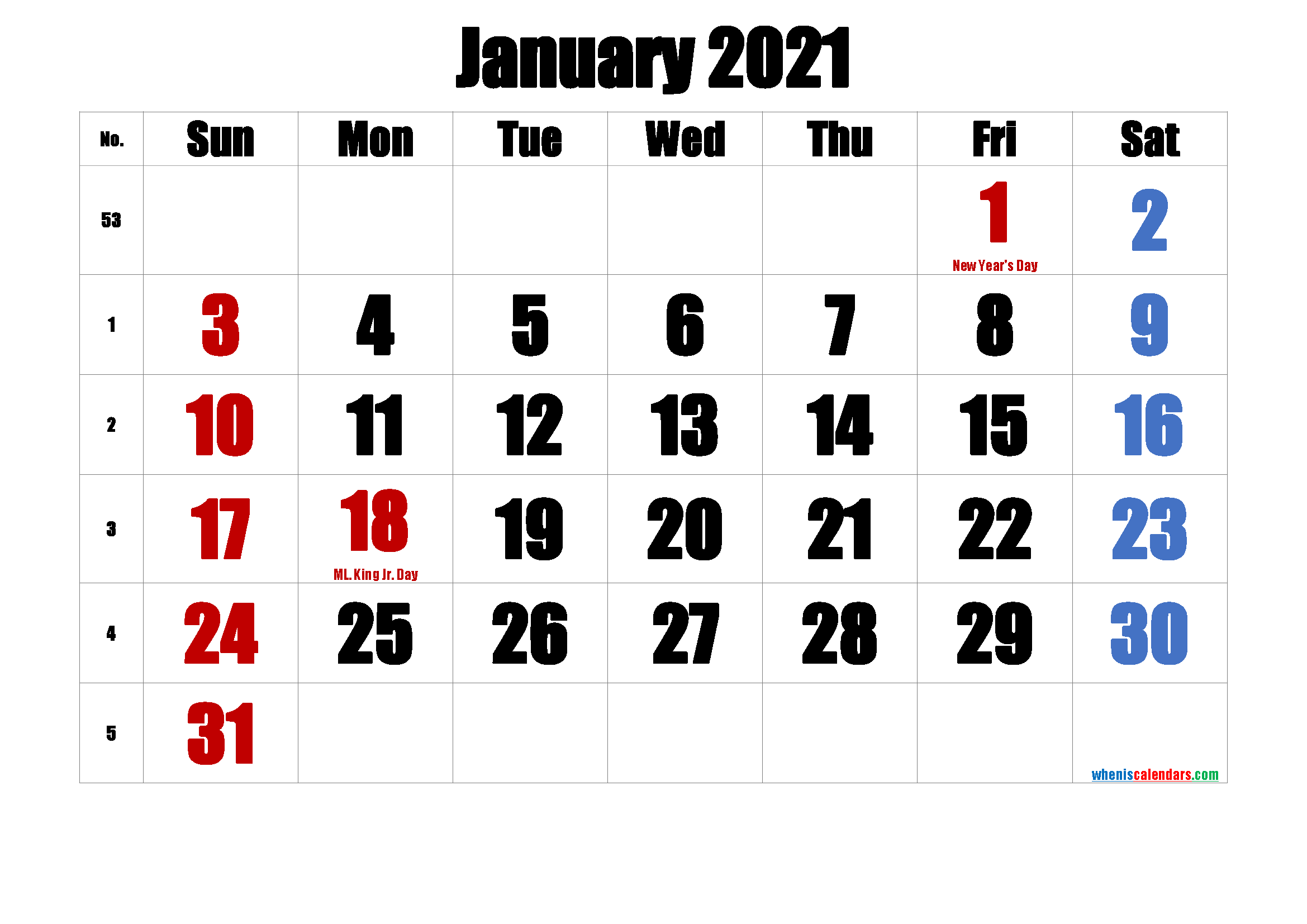 Printable JANUARY 2021 Calendar with Holidays