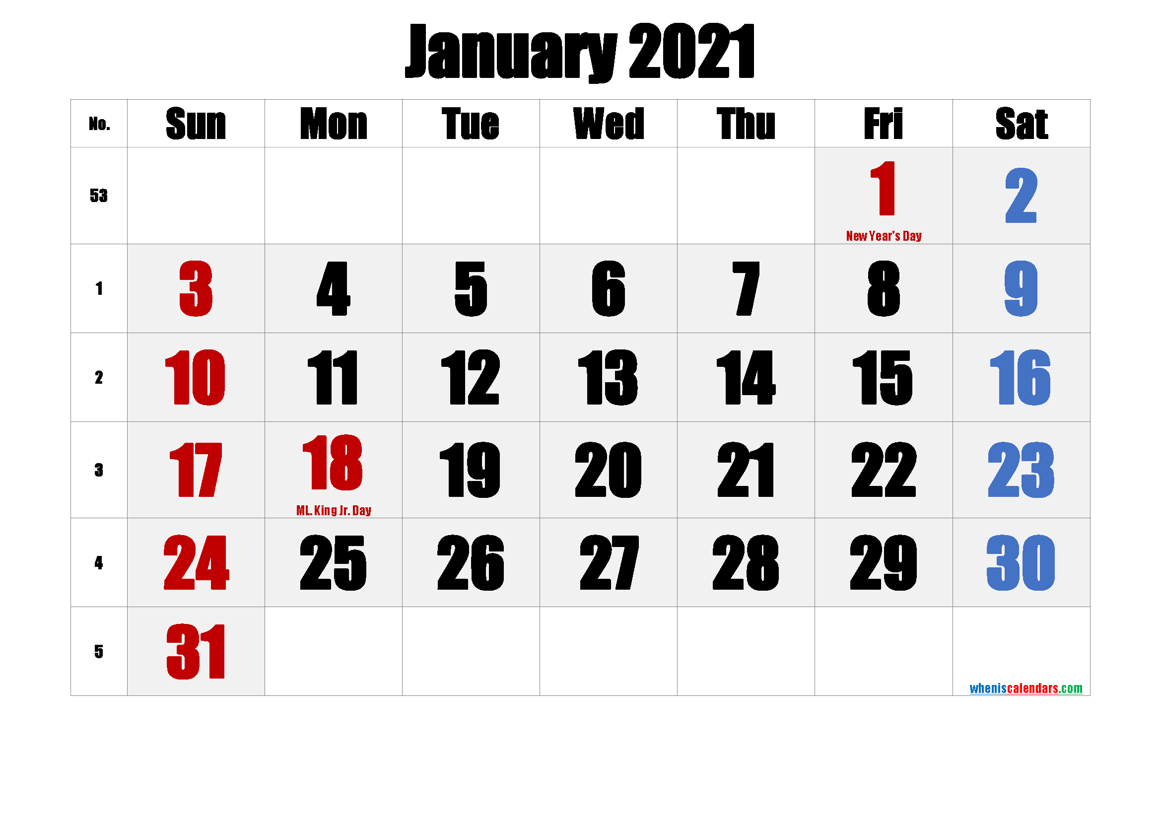 Free JANUARY 2021 Calendar Printable