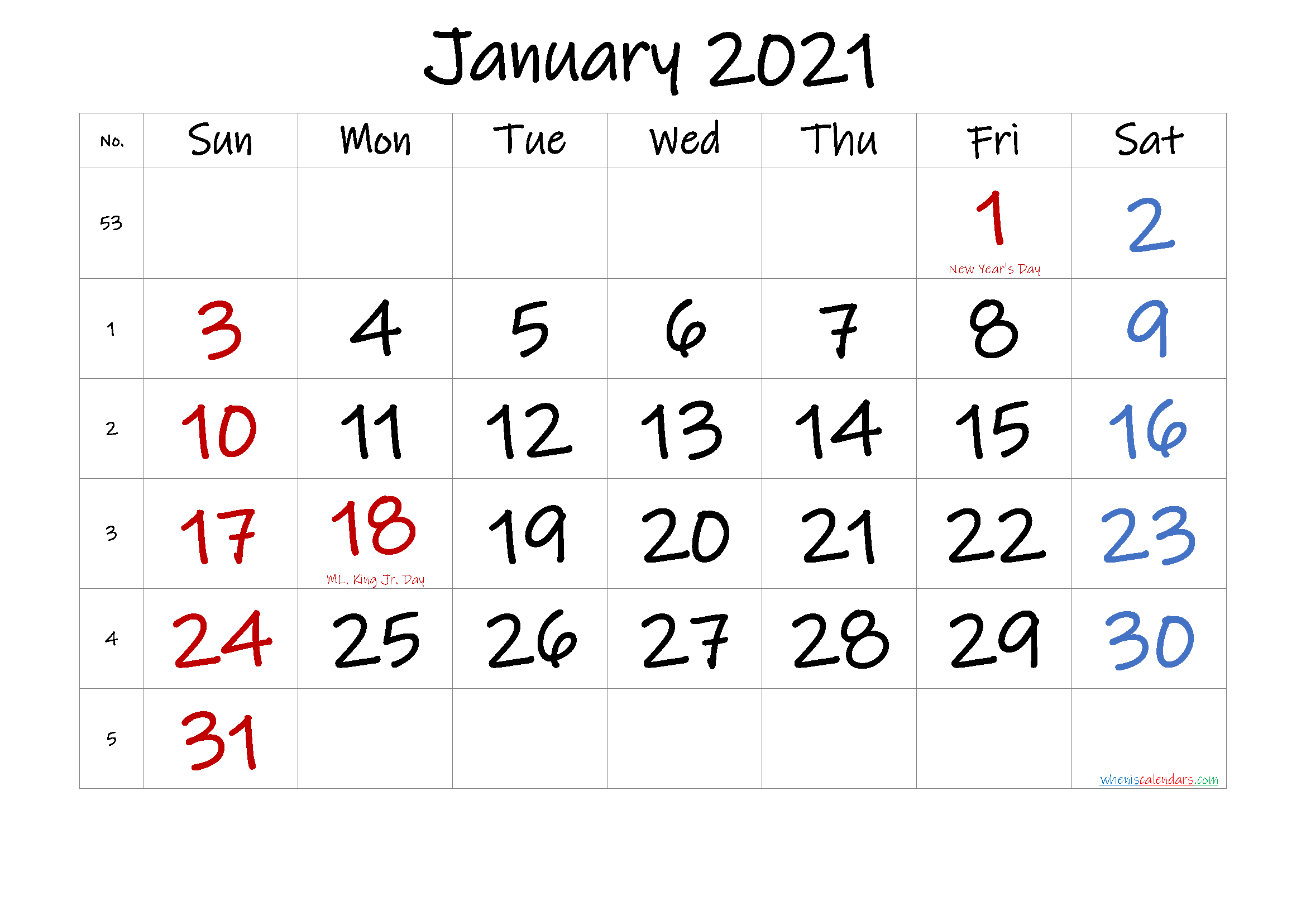 Free Printable January 2021 Calendar