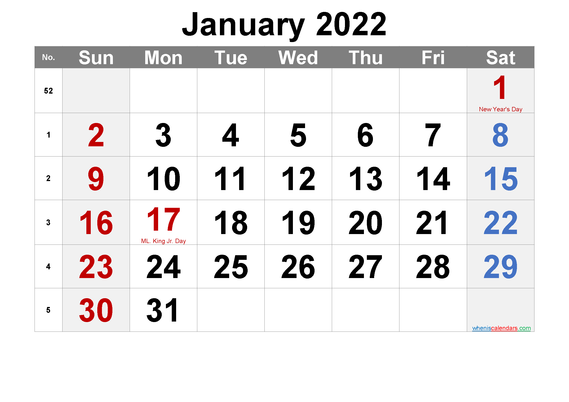 Printable January 2022 Calendar Word