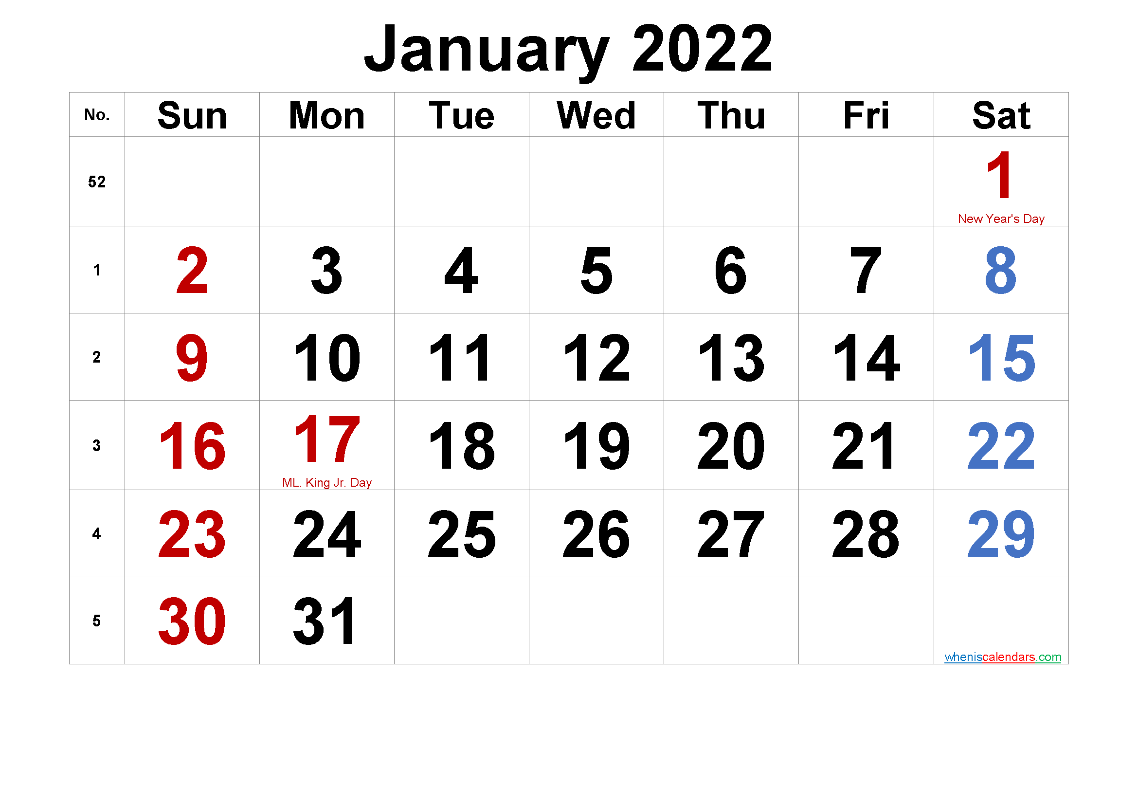 Free Printable January 2022 Calendar with Holidays