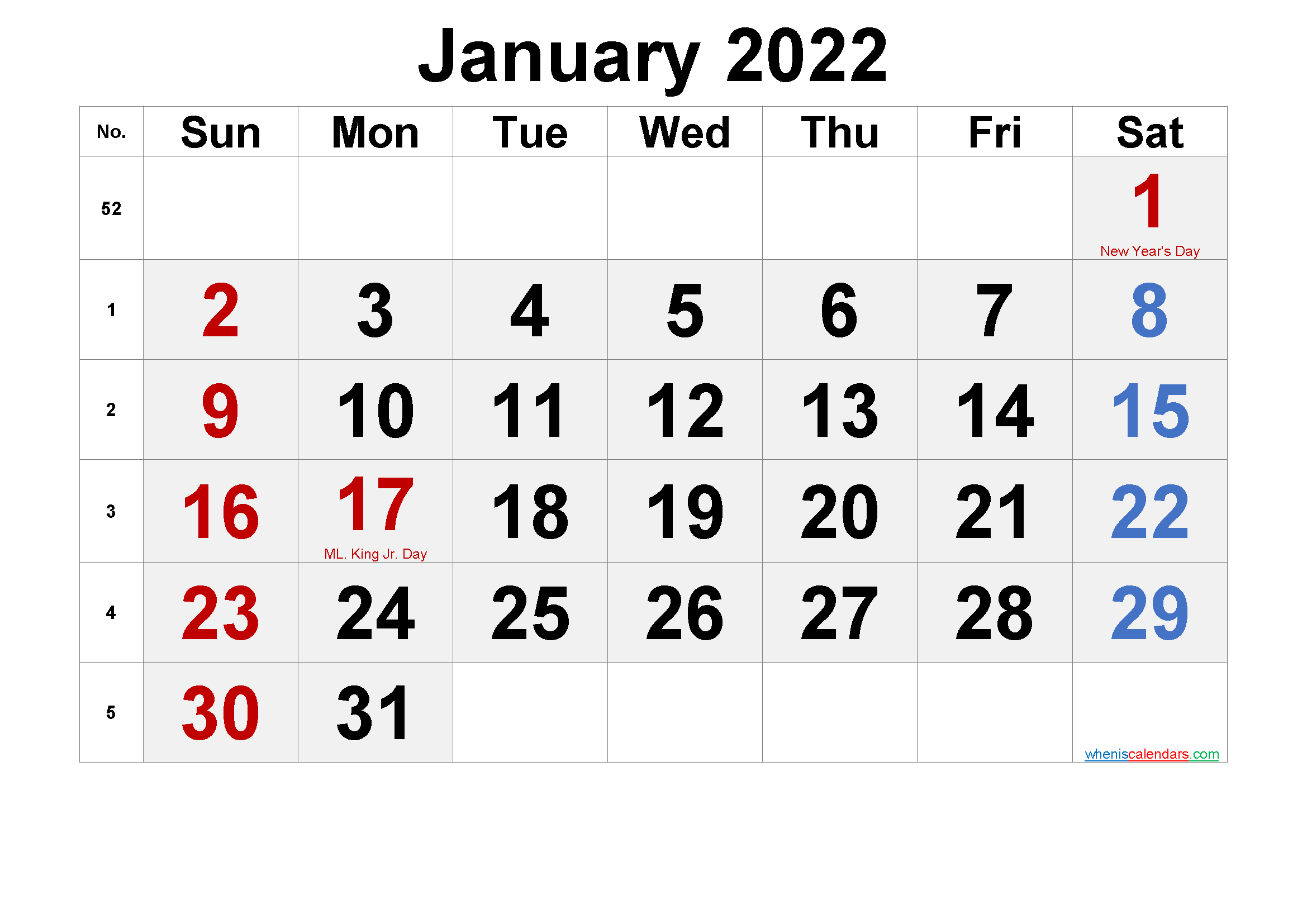 Printable January 2022 Calendar with Holidays