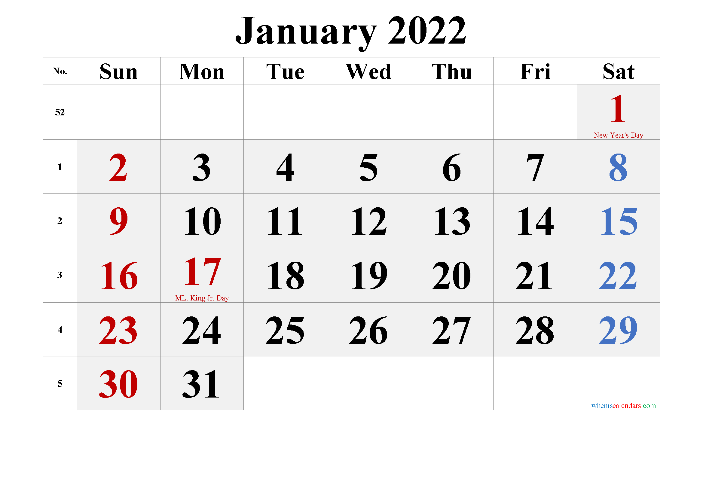 Free Printable January 2022 Calendar