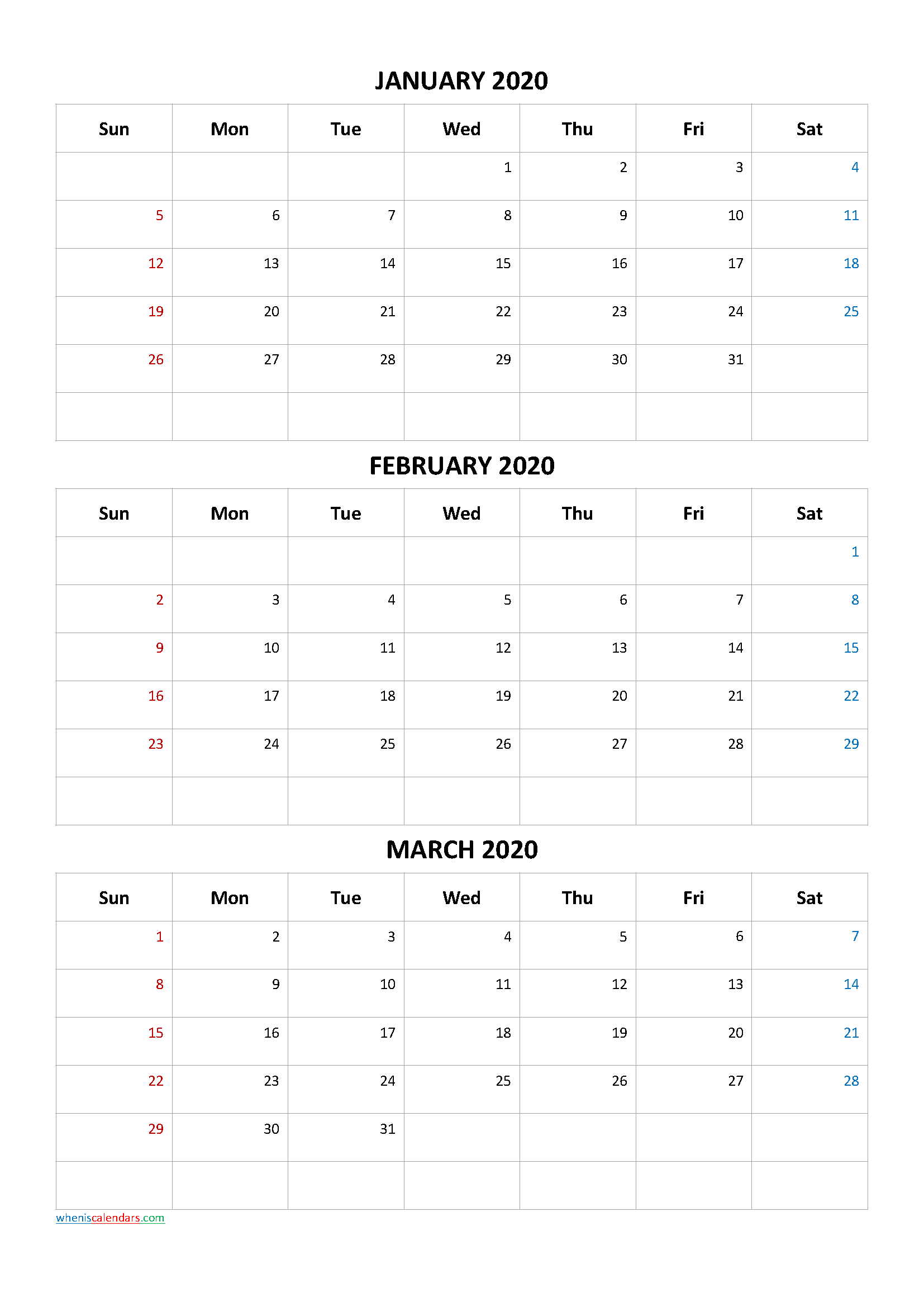 January February March 2020 Calendar Printable Free