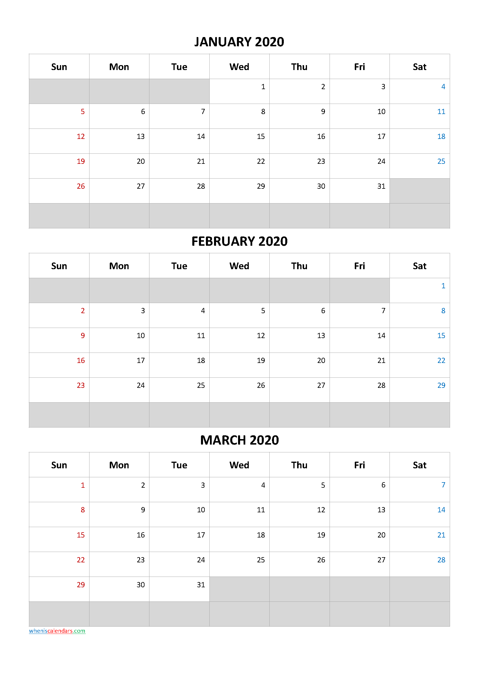 January February March 2020 Calendar Template