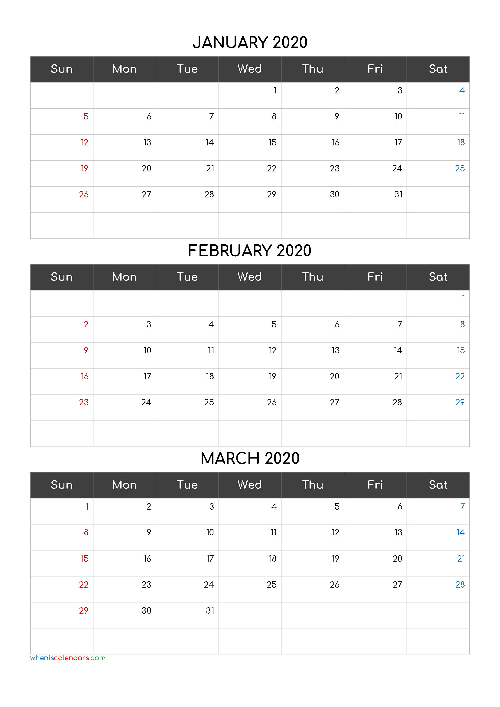 Free Calendar January February March 2020