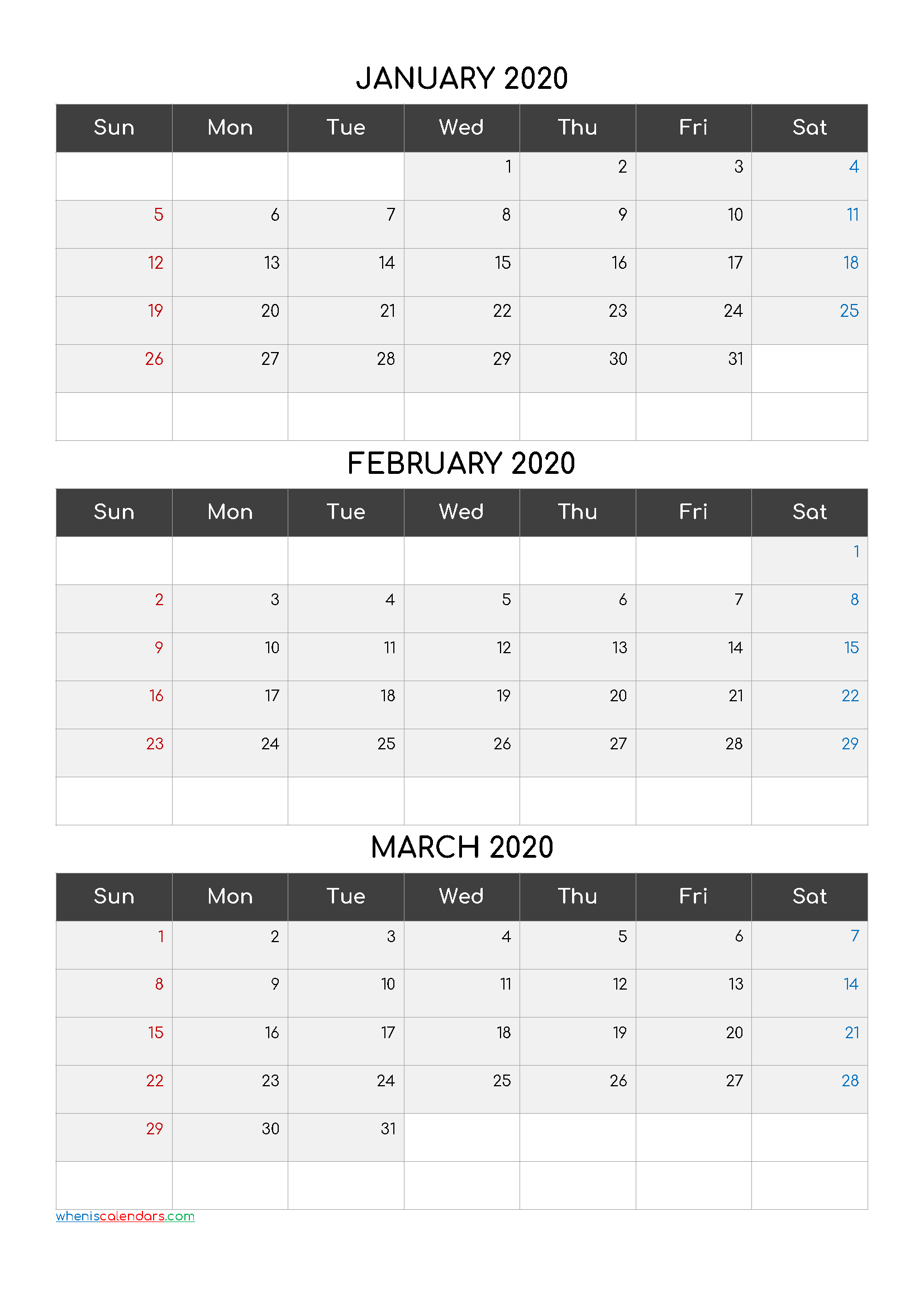 January February March 2020 Printable Calendar