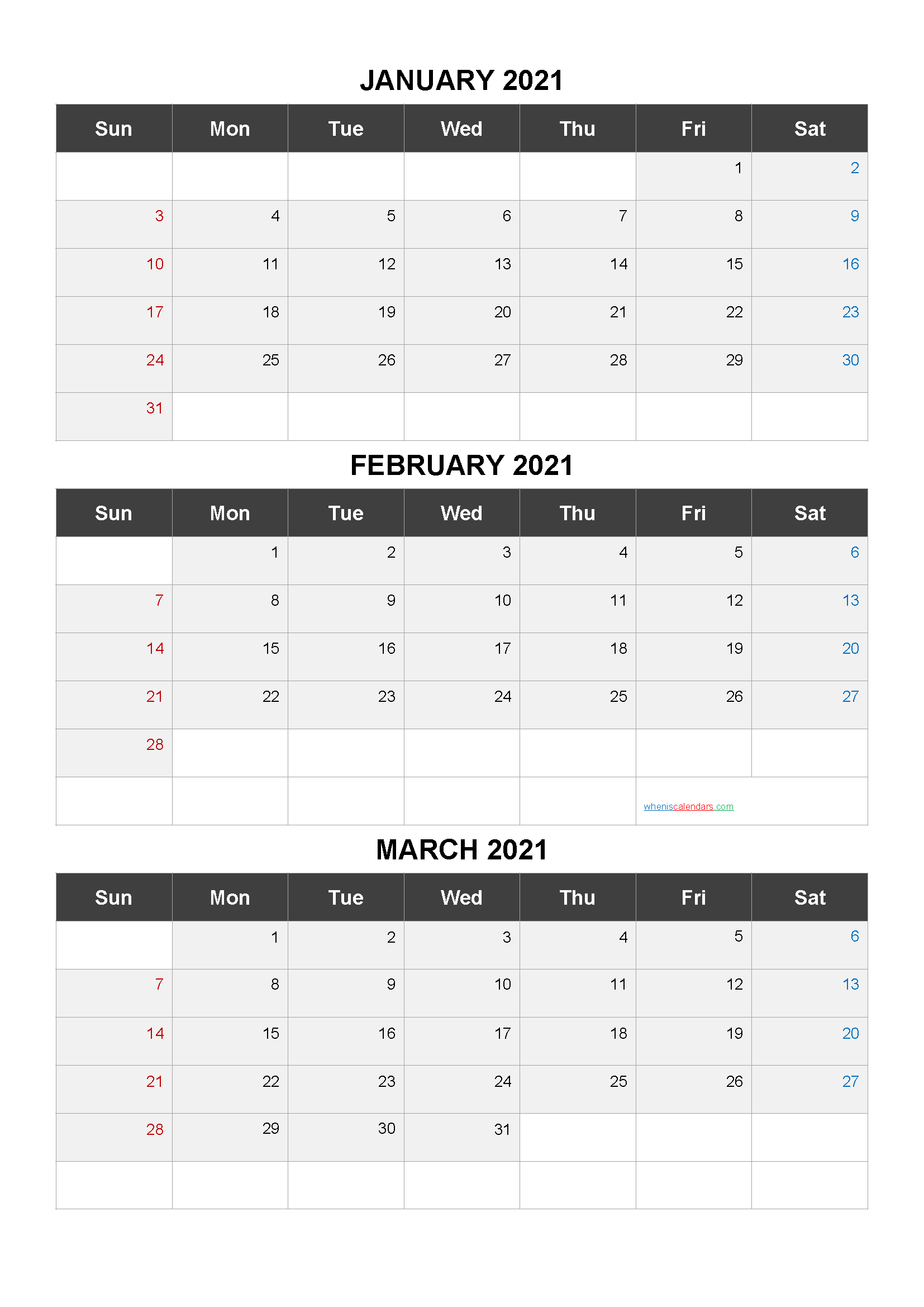 Jan Feb March 2021 Calendar | Free Letter Templates