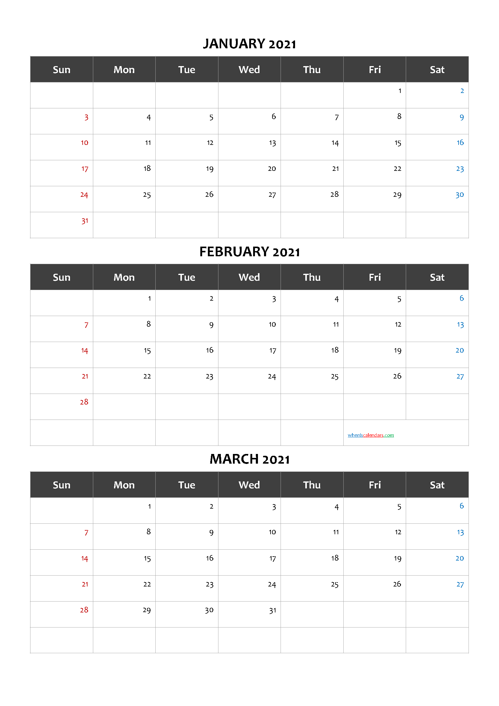 Calendar January February March 2021