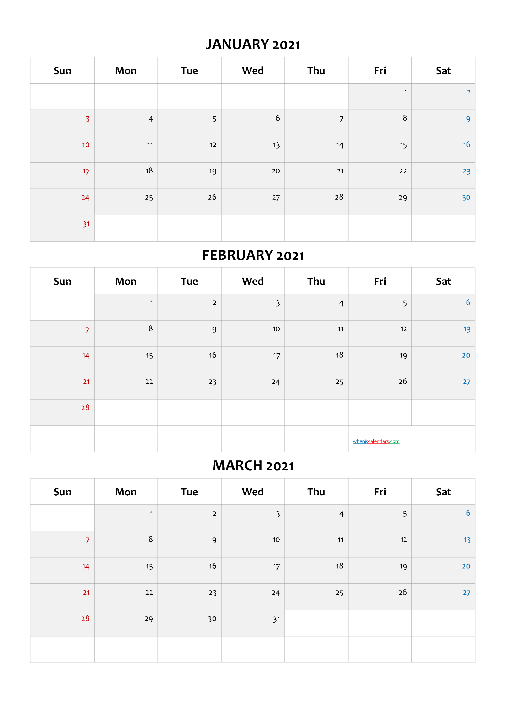 Calendar January February March 2021 PDF