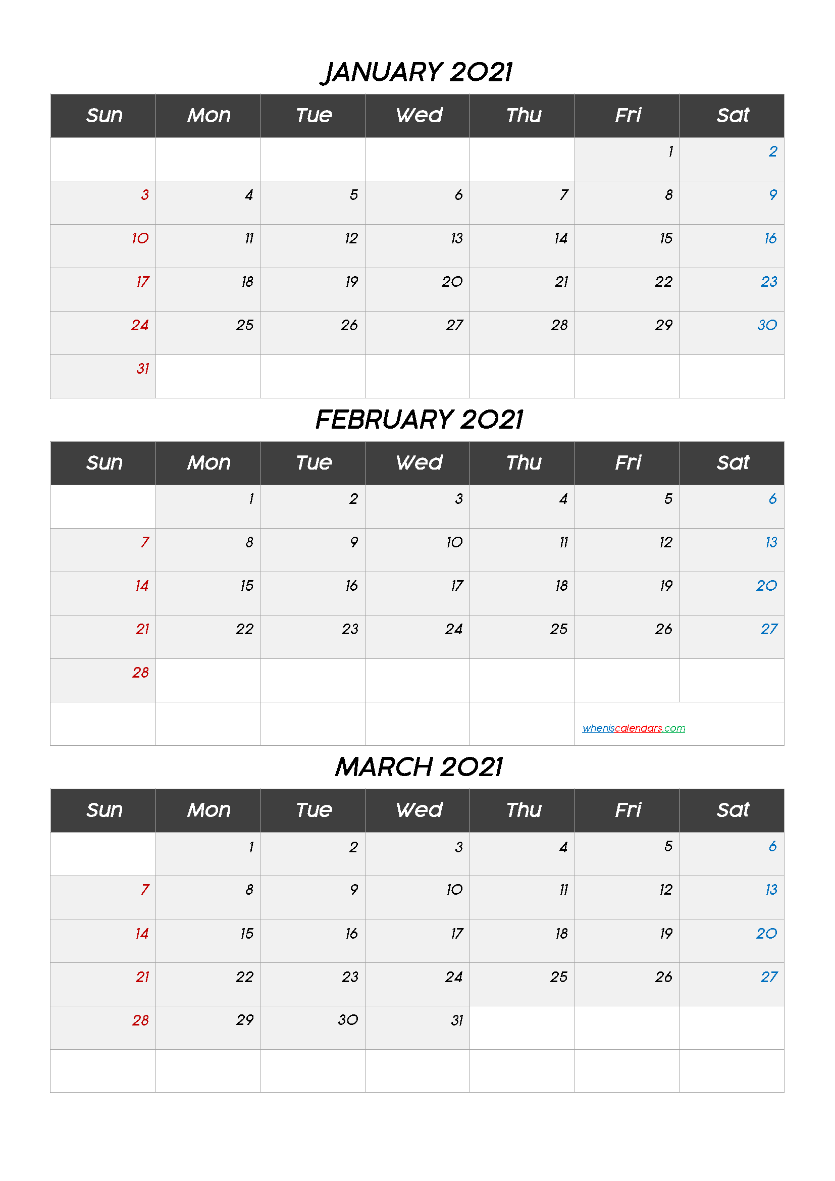 January February March 2021 Calendar Template